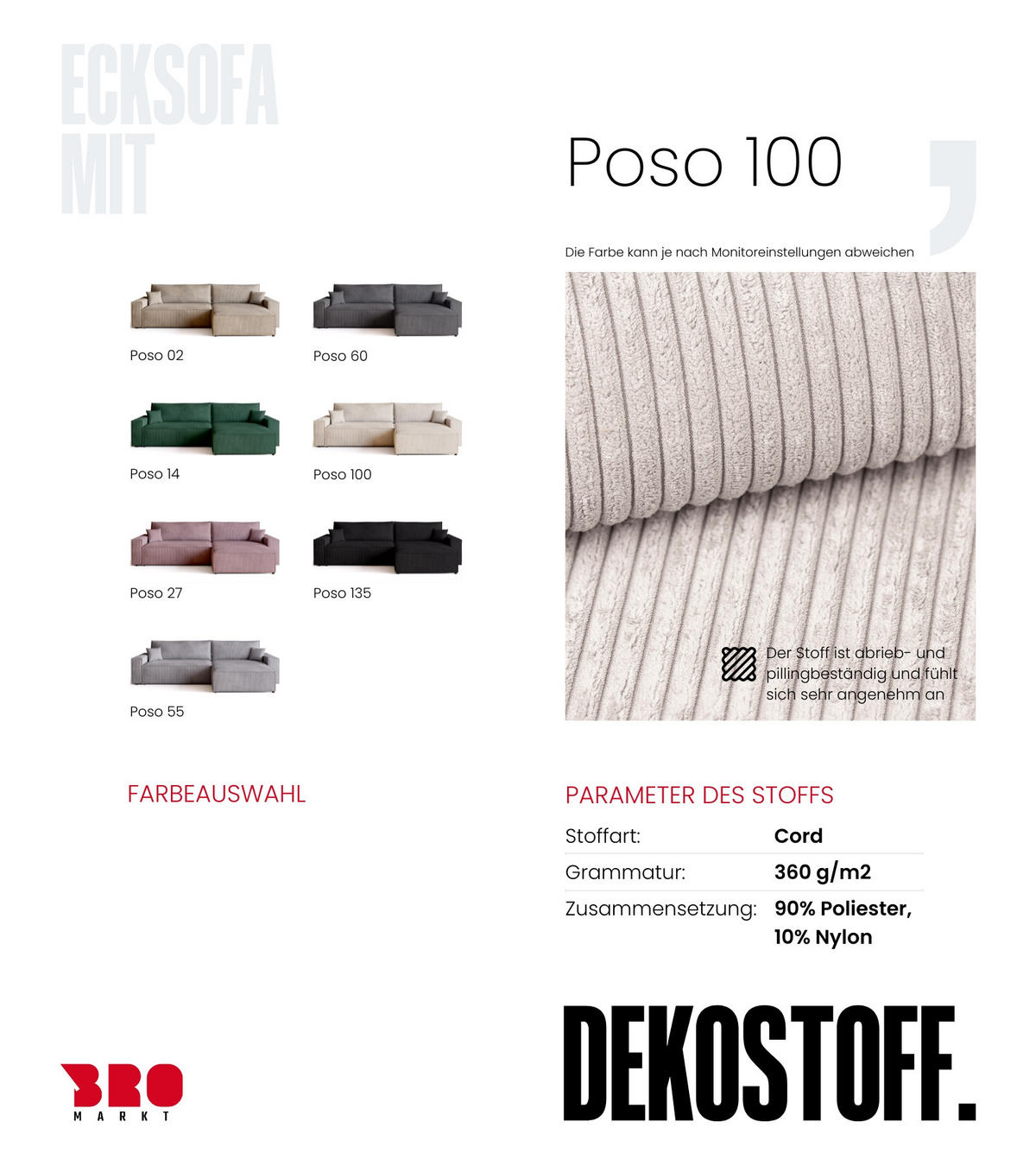 ECKSOFA ADI XL mit Schlaffunktion Vanille Cord - Creme, Textil (272/143cm) - Bromarkt