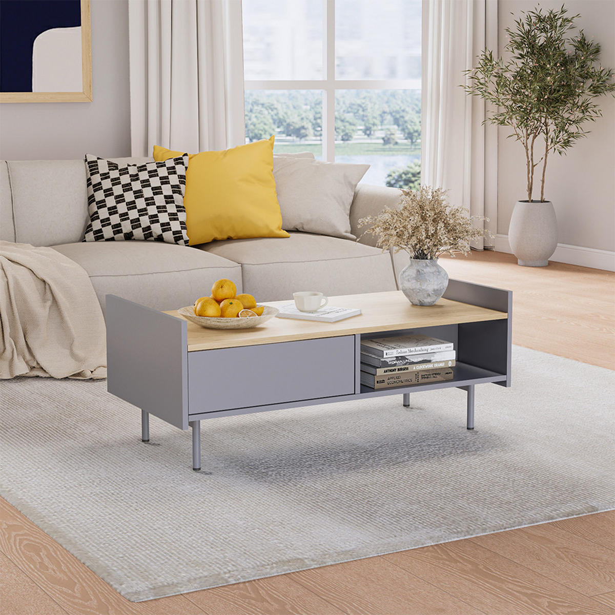 COUCHTISCH Velina Grau/Eiche 100 x 50 cm mit 2 Schubladen - Eichefarben/Grau, Holzwerkstoff (50/100/40cm) - Vicco