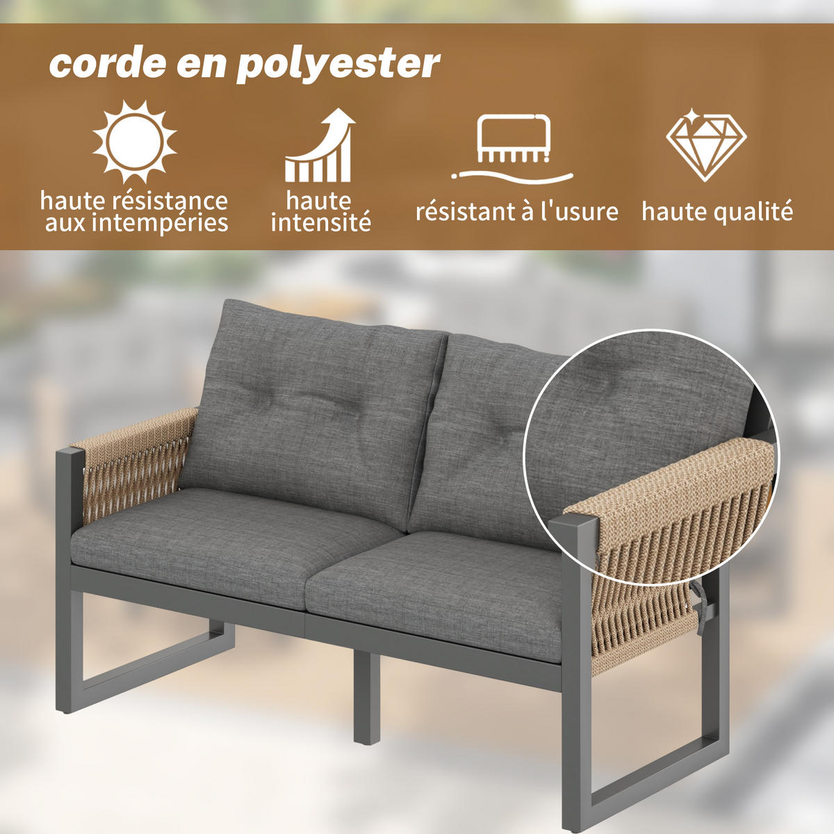 GARTENMÖBEL-SET Grau/Natur 4-teilig mit Seilgeflecht & Polsterkissen - Greige, Holz - PANGIVO