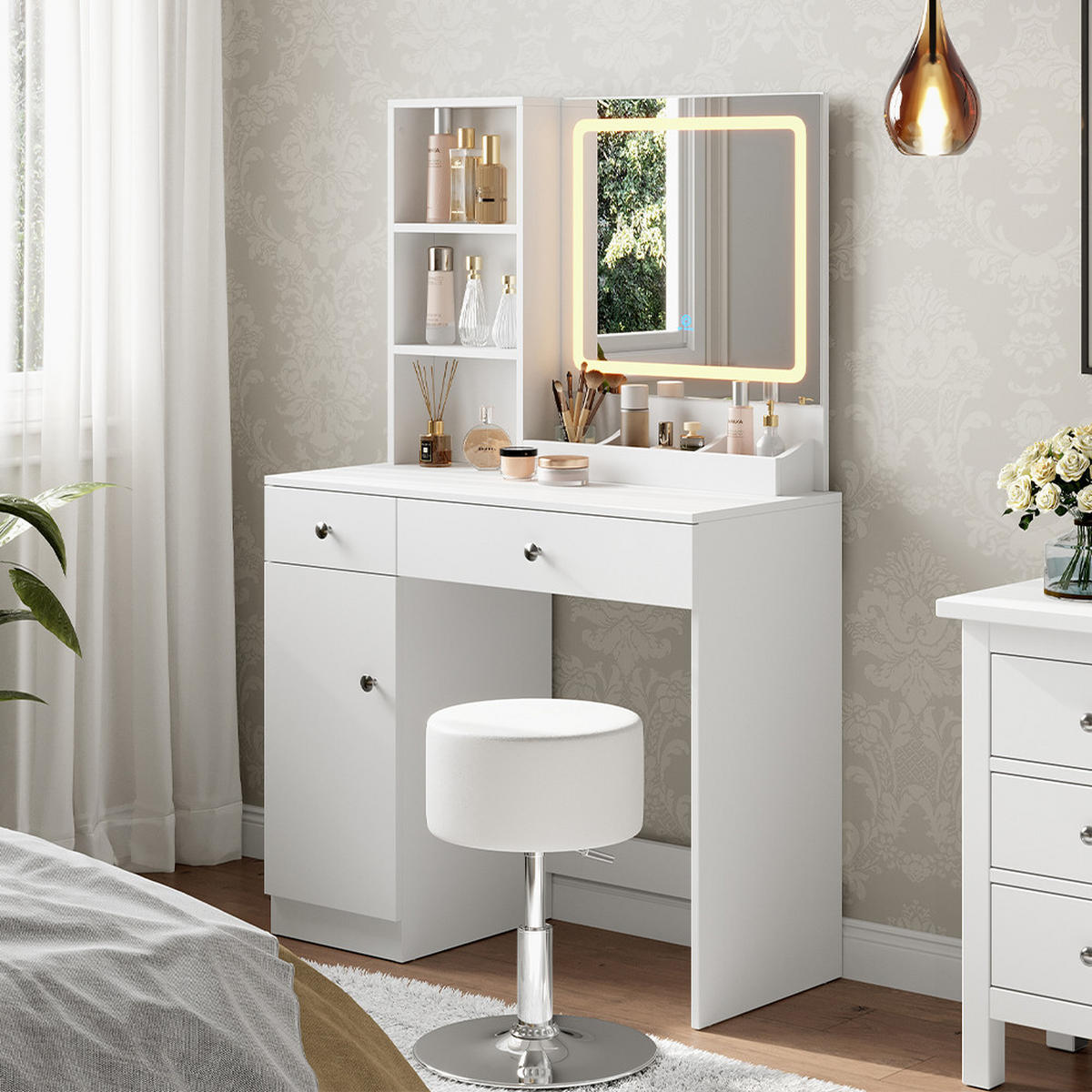 SCHMINKTISCH Silvia Weiß 90 cm mit LED-Spiegel - Weiß, Holzwerkstoff (90/139.5/40cm) - Vicco