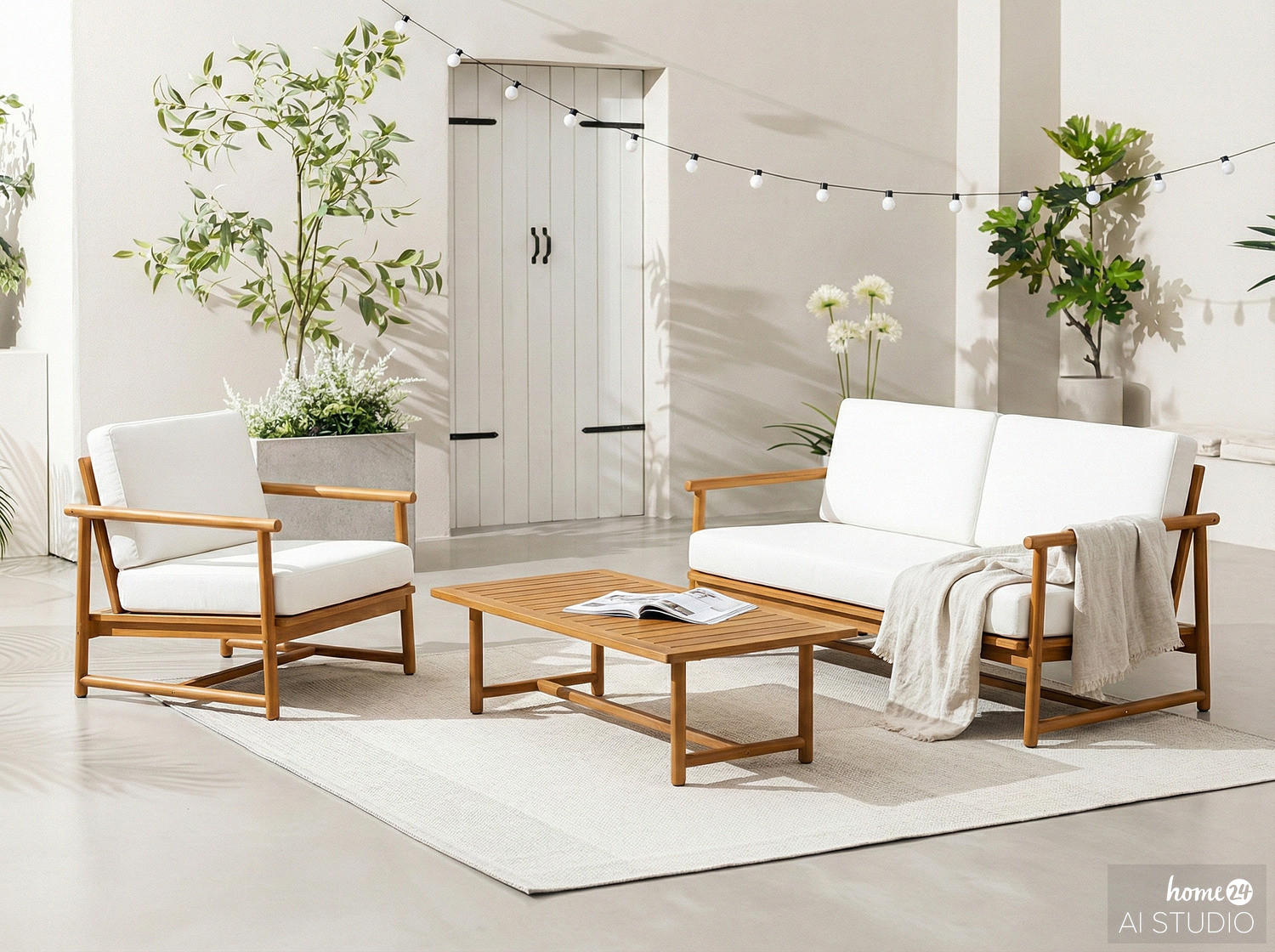 LOUNGEGRUPPE - 3-teilig - Akazie massiv / Webstoff - Akazie Braun / Creme - Creme/Akaziefarben, Holz/Kunststoff - home24