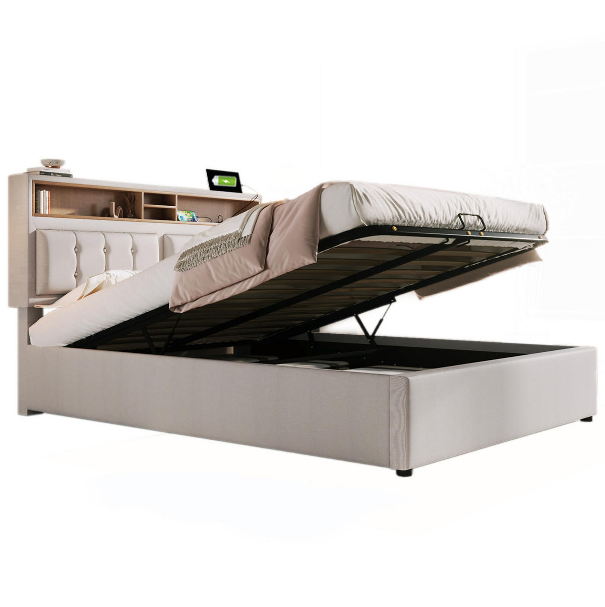 POLSTERBETT 160/200 cm Beige mit USB- und Type-C-Anschlüssen aus Leinen Mit Matratze - Beige, Textil (160/200cm) - OKWISH