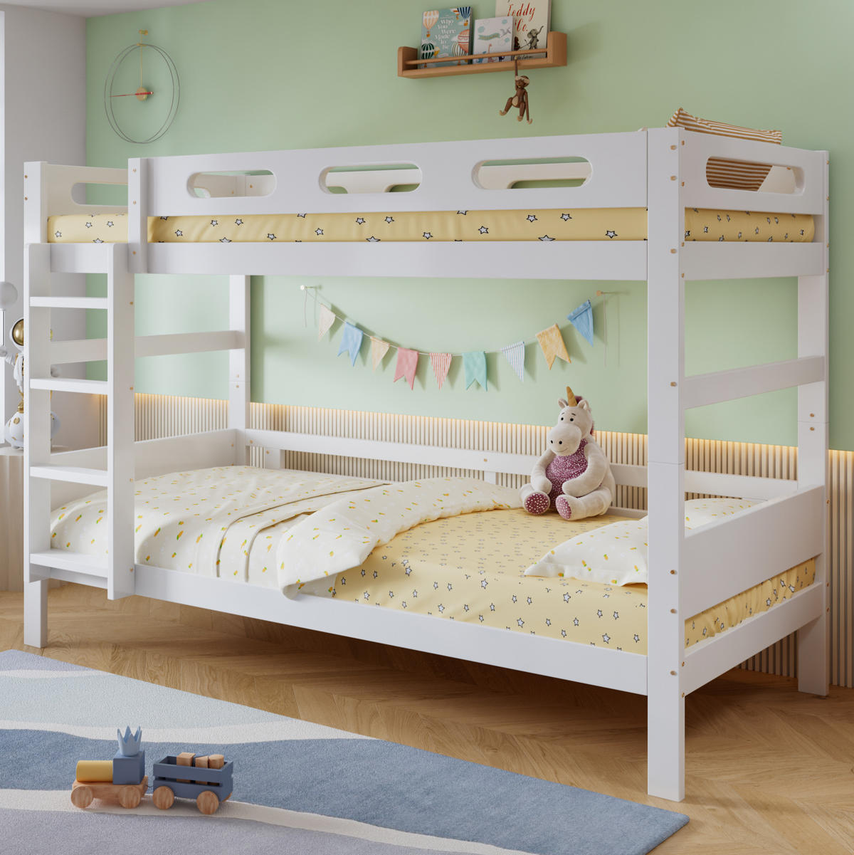 ETAGENBETT 90/200 cm aus Kiefer, MDF und Sperrholz mit Absturzsicherung und Leiter Weiß - Weiß, Holz (90/200cm) - Modenvie