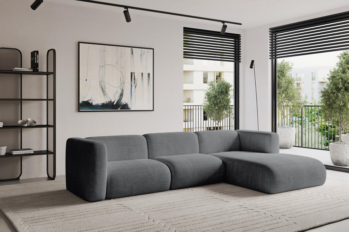 ECKSOFA Ottomane Rechts MIRA-L1 227x179x89 Dunkelgrau Cord - Dunkelgrau/Schwarz, Holzwerkstoff/Kunststoff (227/179cm) - ALTDECOR