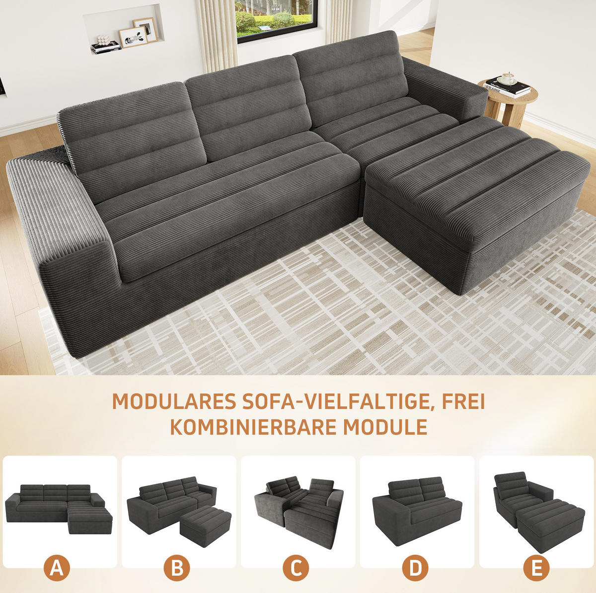 ECKSOFA 253/161/89 cm dunkelgrau aus Cordstoff mit Hocker - Dunkelgrau, Textil (161/253cm) - OKWISH