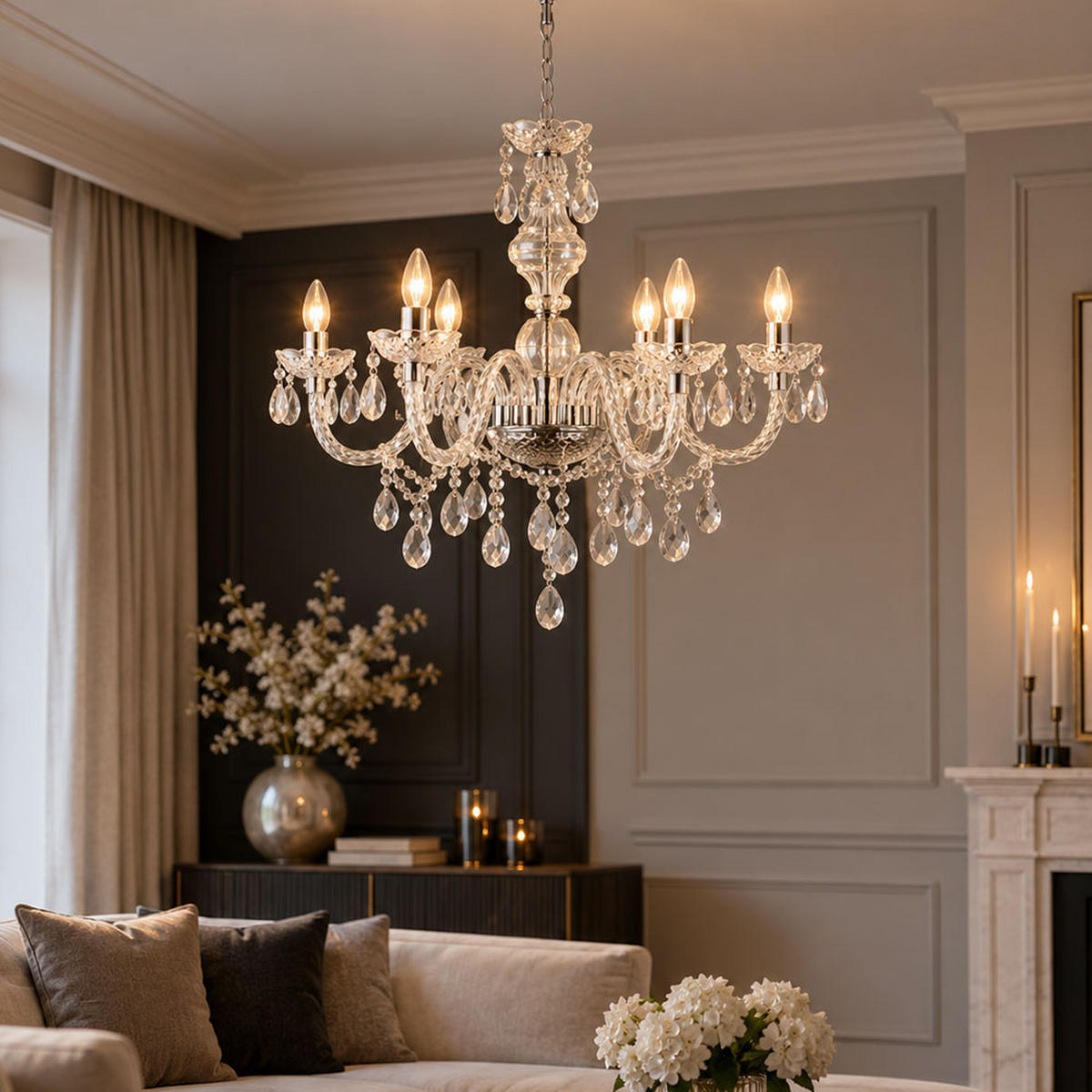 KRONLEUCHTER Kristalloptik Silber klar 6-flammig - Silberfarben, Metall (67/67/166cm) - Globo Lighting