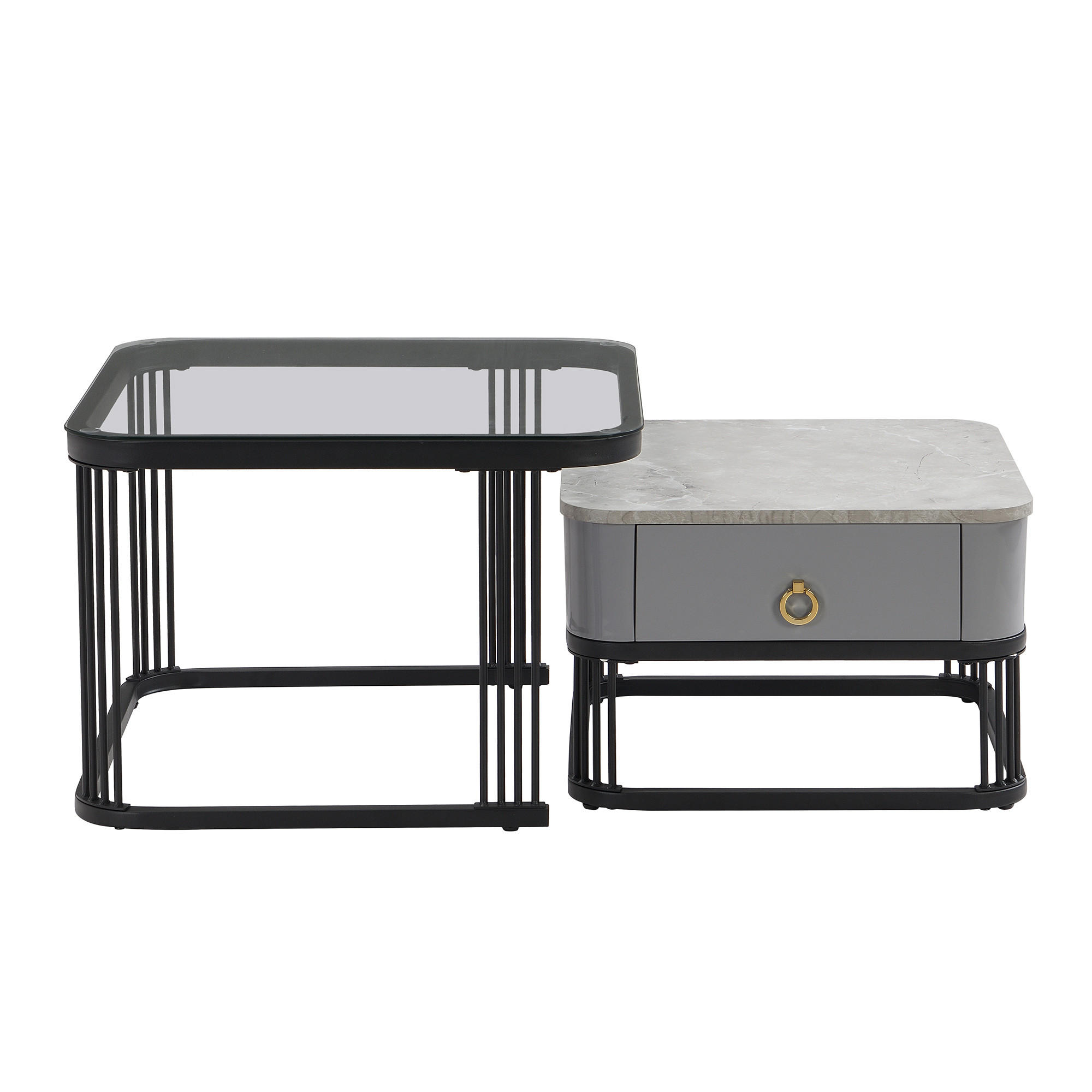 COUCHTISCH-SET Grau mit Glasplatte und Schublade - Grau, Metall (60/60/42cm)
