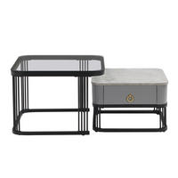 COUCHTISCH-SET Grau mit Glasplatte und Schublade - Grau, Metall (60/60/42cm)