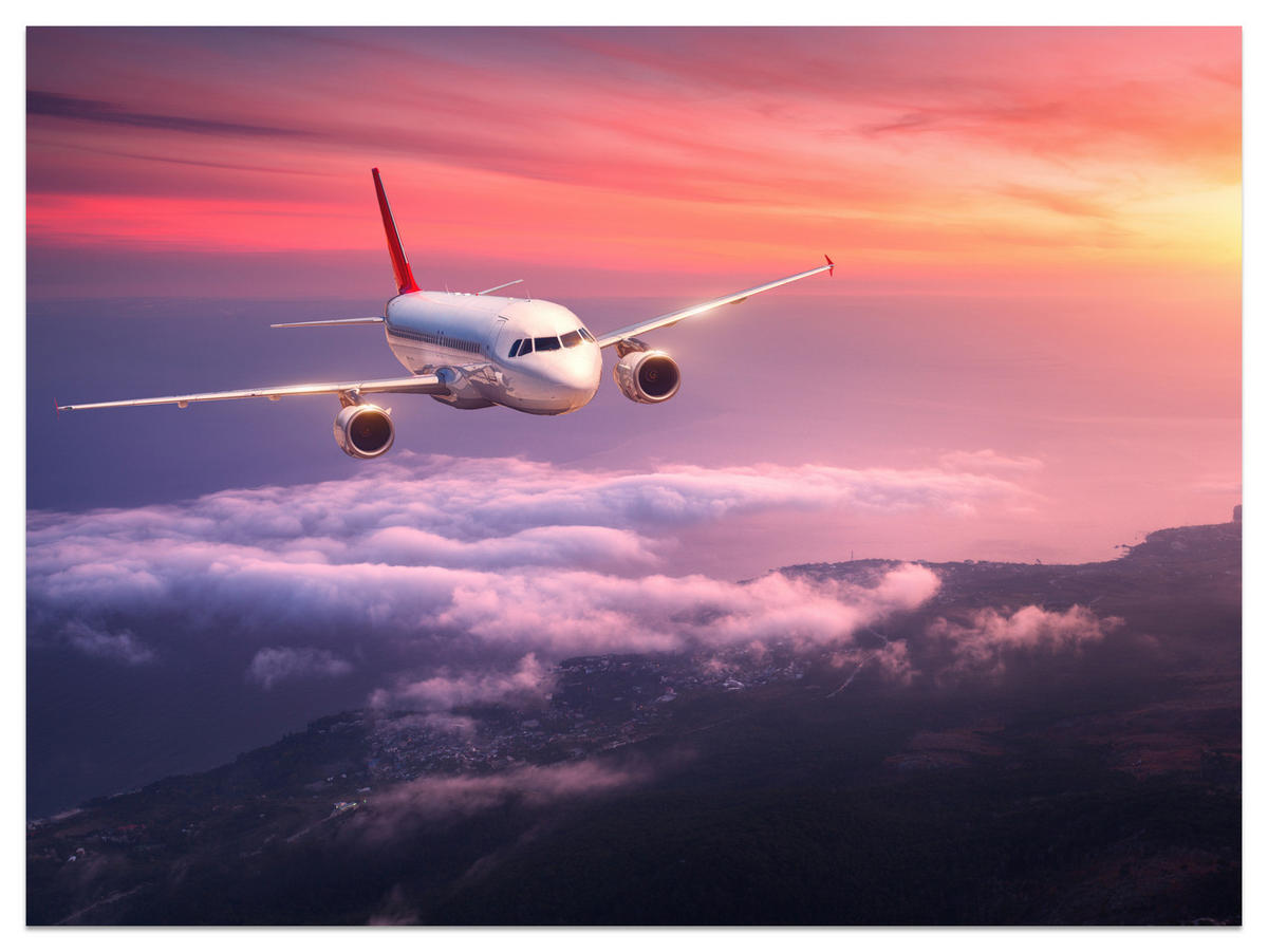 FOTOTAPETE für Wohnzimmer Flugzeug Sonnenuntergang Wolken Himmel 450x315 - Gelb/Rot, Papier (450/315cm) - Muralo