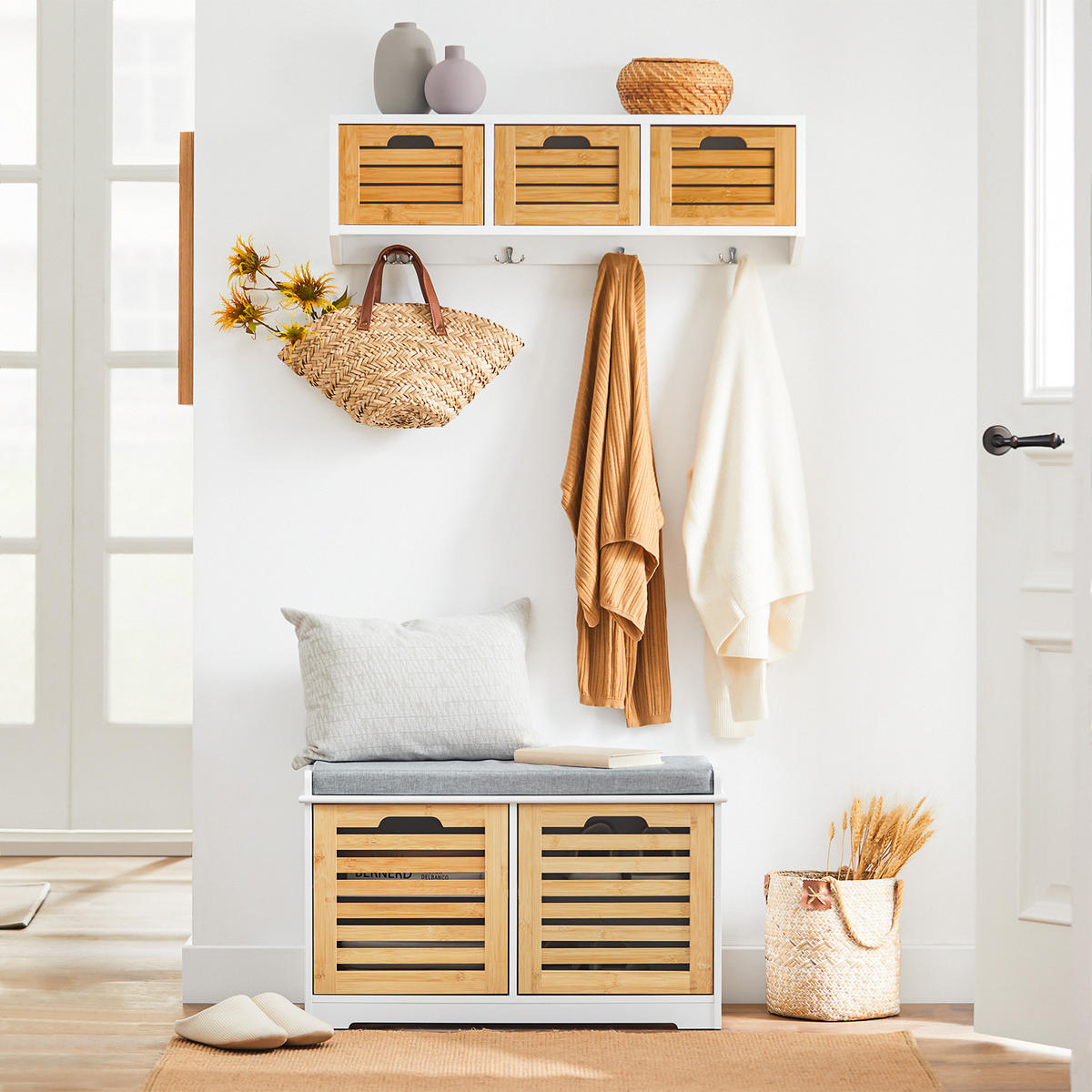 SCHUHBANK Weiß-Natur - Weiß/Naturfarben, Holzwerkstoff (71/43/35cm) - SoBuy
