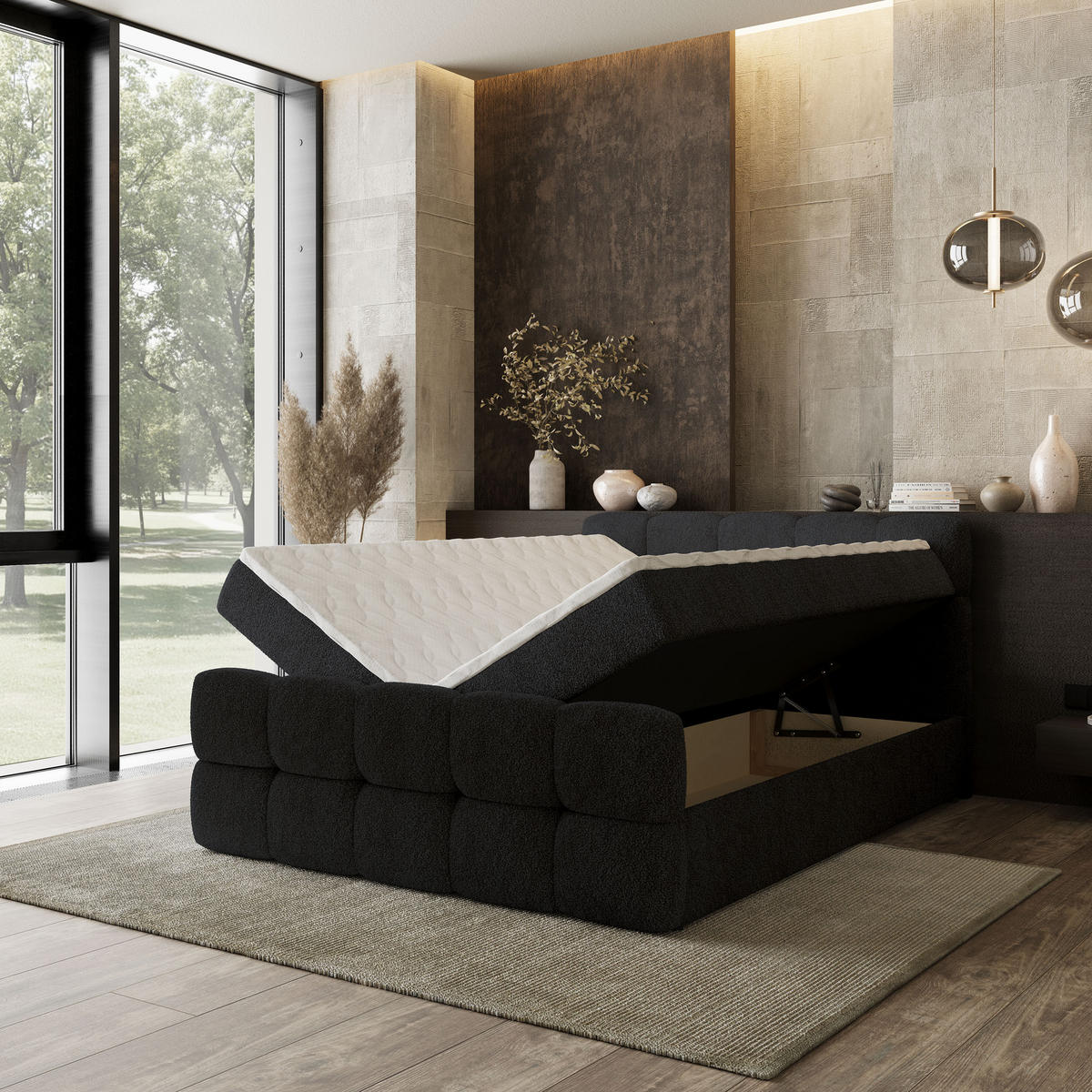 BOXBETT BRUME 160x200 cm mit Matratze und Topper, H2+H3 - Schwarz - Schwarz, Holz (160/200cm) - MASSENO