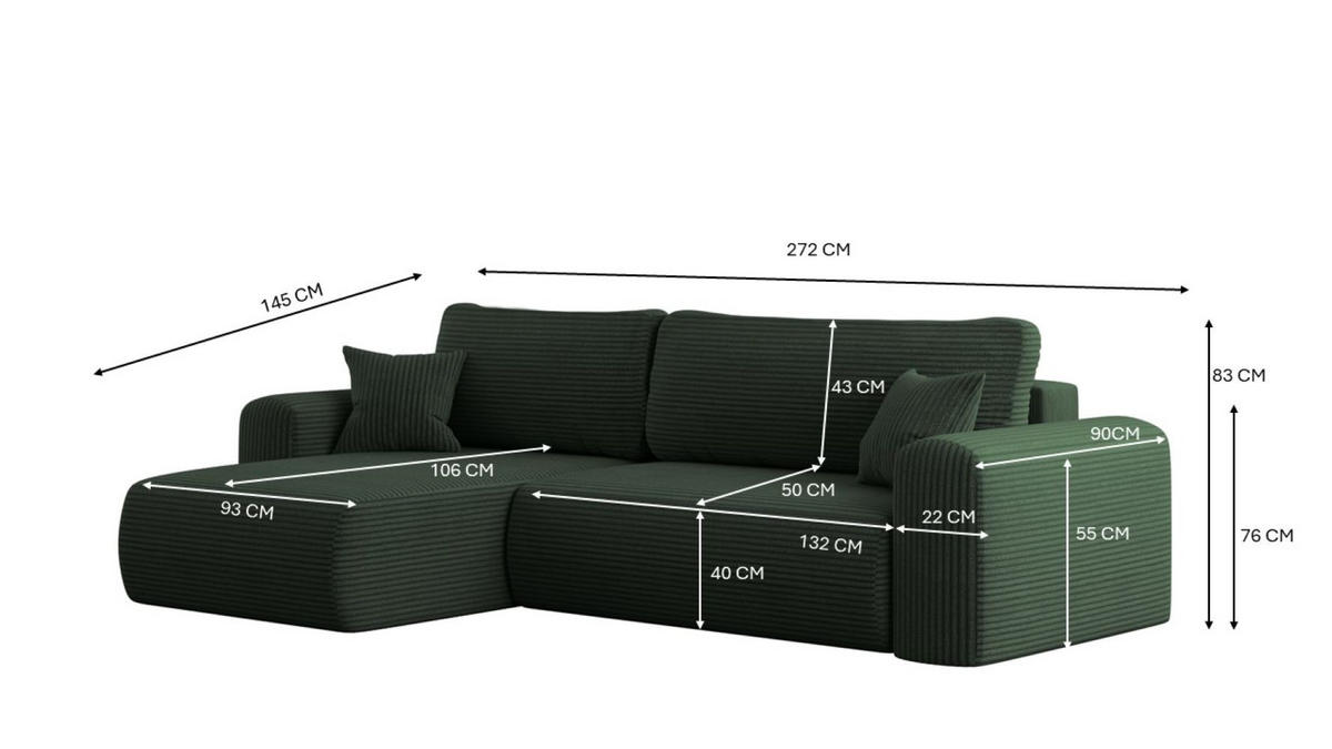 ECKSOFA Mit Schlaffunktion und Stauraum für Bettzeug Capri Stoff Poso Grün Links - Grün, Holz/Textil (145/272cm) - Kaiser Möbel