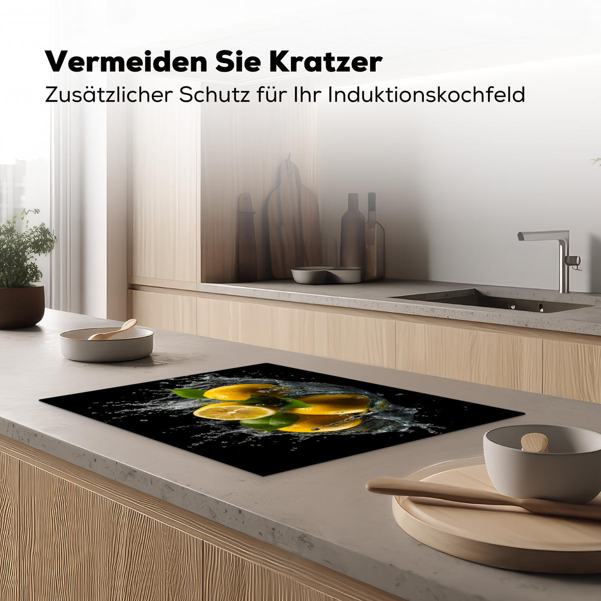 HERDABDECKPLATTE Zitrone - Obst - Gelb - Schwarz Herdabdeckung Induktionsfeld 70x52 cm - Gelb, Kunststoff (70/52/0.2cm) - MuchoWow