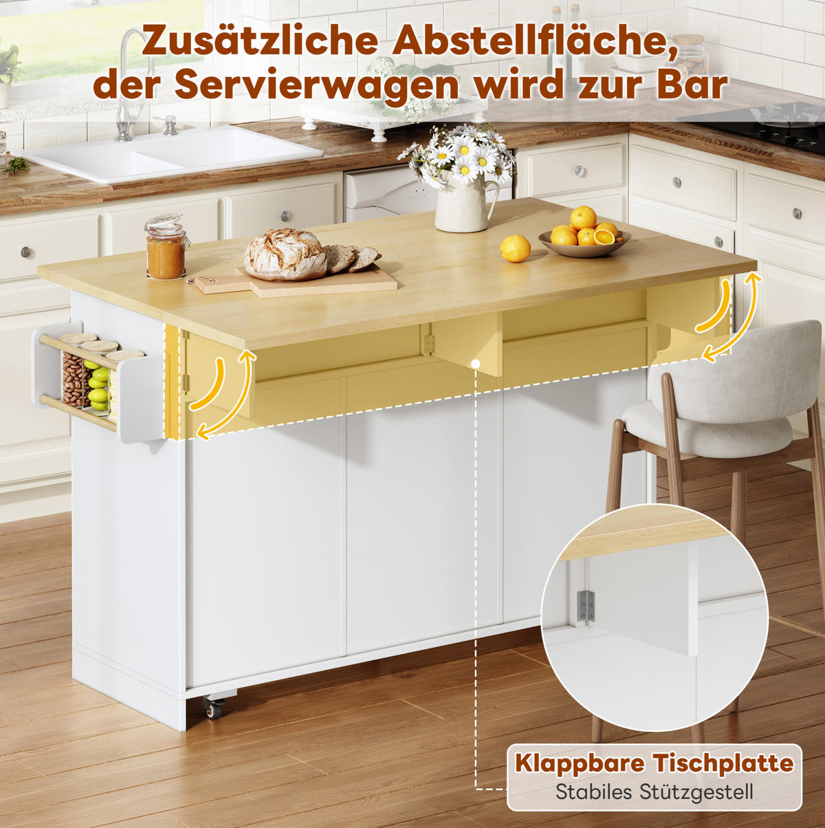 KÜCHENINSEL mit klappbarer Arbeitsplatte 120 x 70 (45+25) x 92 cm Natural White - Naturfarben, Holz (70/92/120cm) - Beauniv