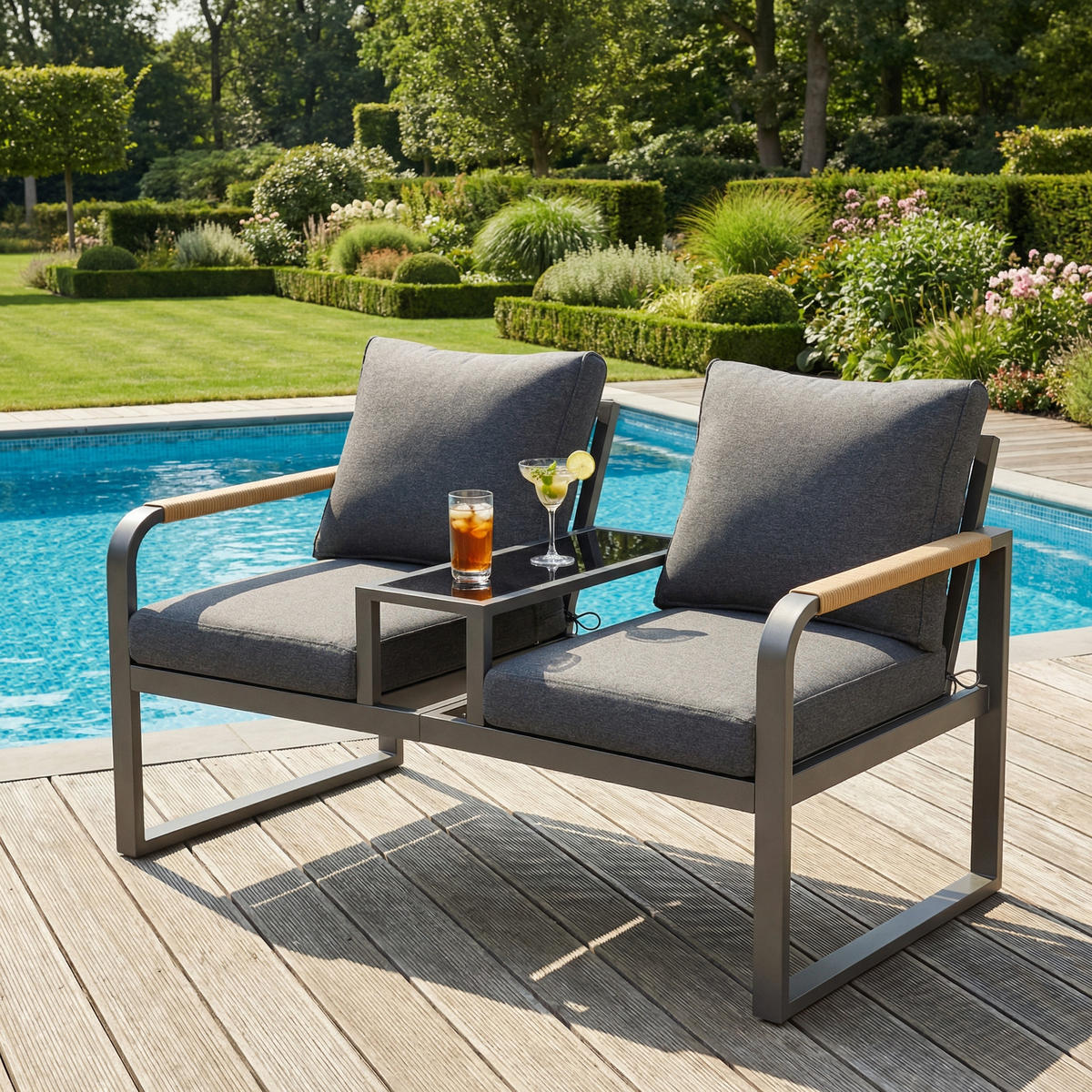 GARTENMÖBEL-SET 2-Sitzer Outdoorsofa Stahl Glas Geflecht Grau - Grau, Textil (75/78.5/137cm) - FLIEKS