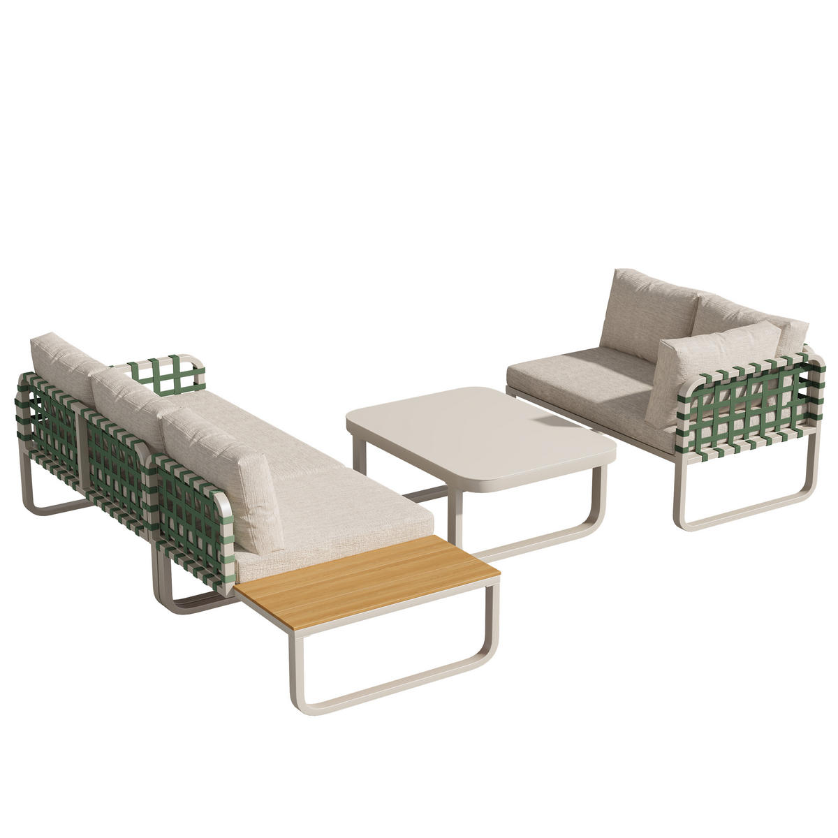GARTEN Lounge Set 4 bis 5 Sitzer Grünes Leder Rattan Sofa mit Kissen Balkonset für Garten und Terrasse Aprikose - Creme, Metall - FLIEKS