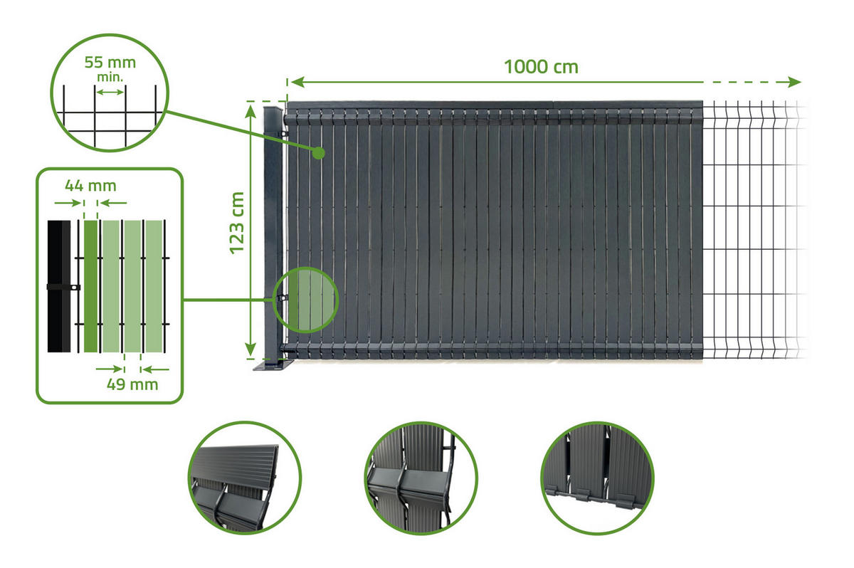 PVC-SICHTSCHUTZLAMELLEN-STEIF-SET Cinto grau 10m H.120cm - Mit clips und Endprofil - Grau, Kunststoff (1000/123cm) - Casanoov