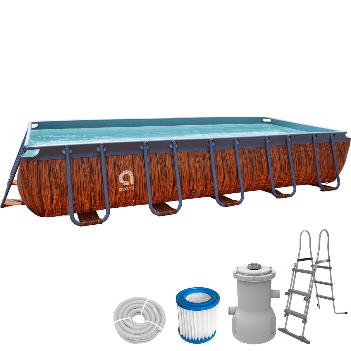 POOL Komplettset rechteckig 400 x 200 x 100 cm holzoptik mit Filterpumpe - Braun, Kunststoff/Metall (200/100/400cm) - Avenli