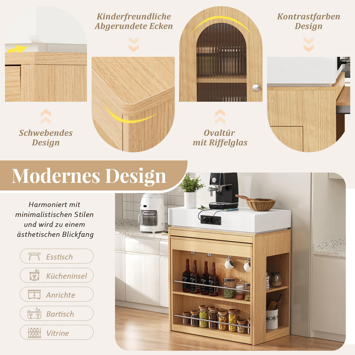 KÜCHENINSEL 83/46-146,5/96 cm natur aus MDF mit ausziehbarer Klappplatte und Steckdosen - Naturfarben, Holzwerkstoff (83/96/46cm) - OKWISH