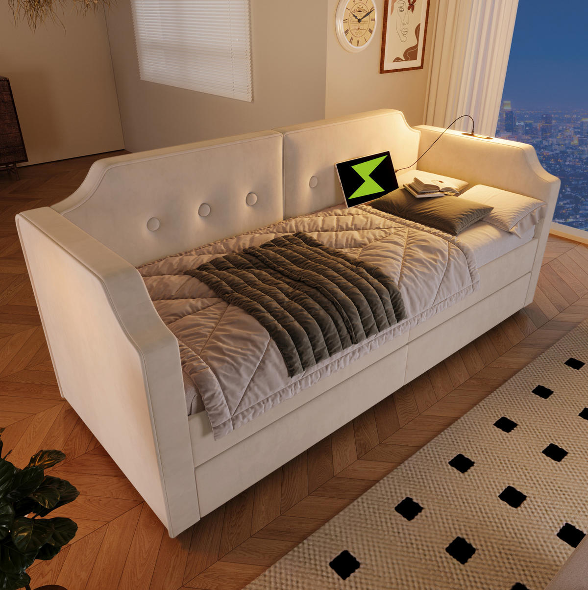 POLSTERBETT 90/200 cm aus Samt mit 2 Schubladen und USB- und Type-C-Anschlüssen - Beige, Textil (90/200cm) - Flora Grace