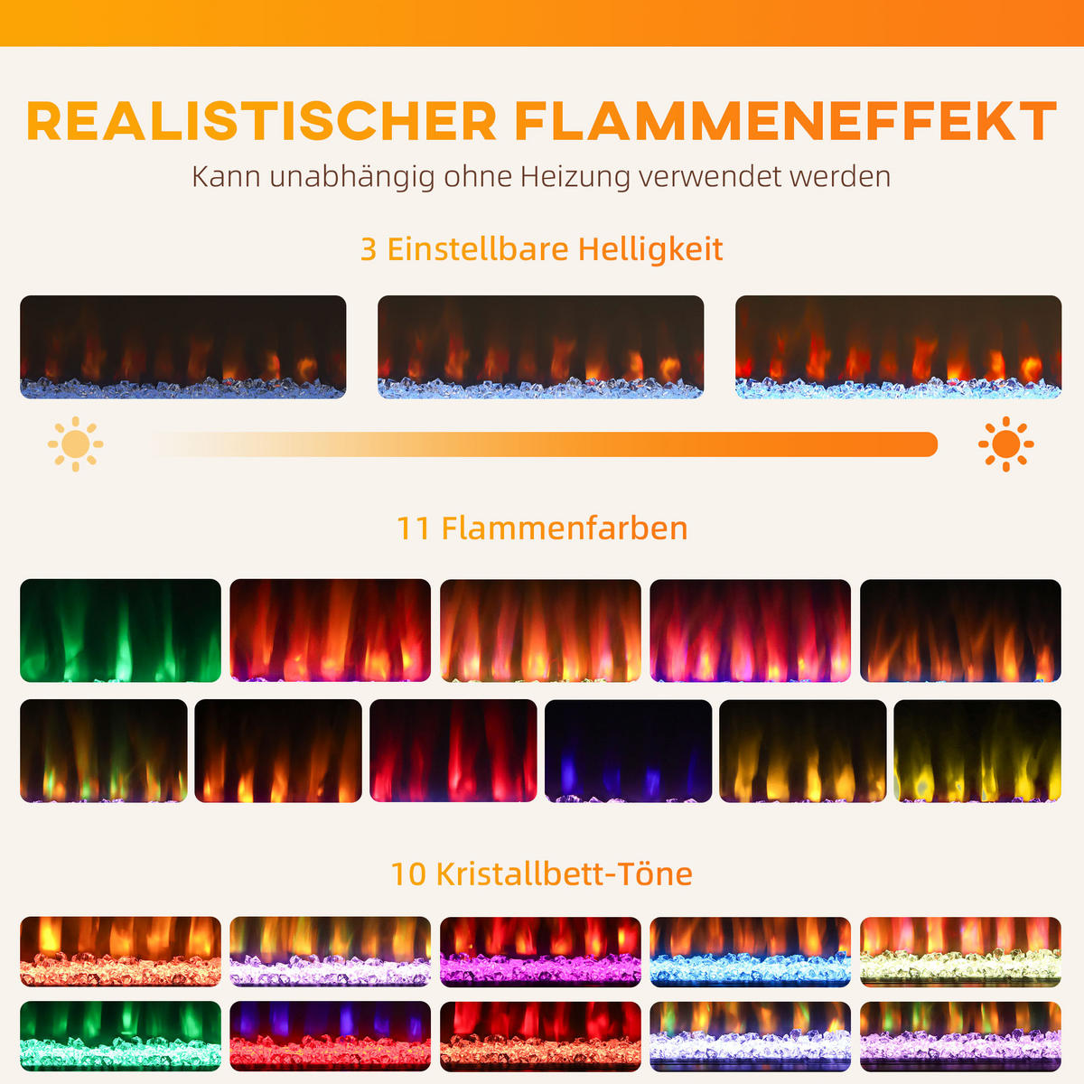 ELEKTROKAMIN mit 11 Flammenfarben 10 Kristallbett-Farben 1000W/2000W Weiß - Weiß, Metall (30/68/110cm) - HOMCOM
