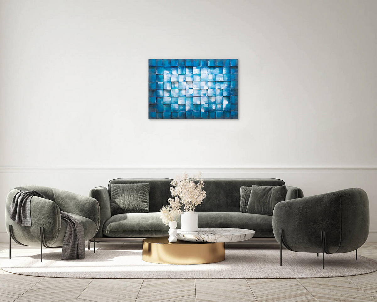 HOLZBILD Blau 90/60 cm - Blau/Weiß, Holz (4.5/60cm) - KUNSTLOFT