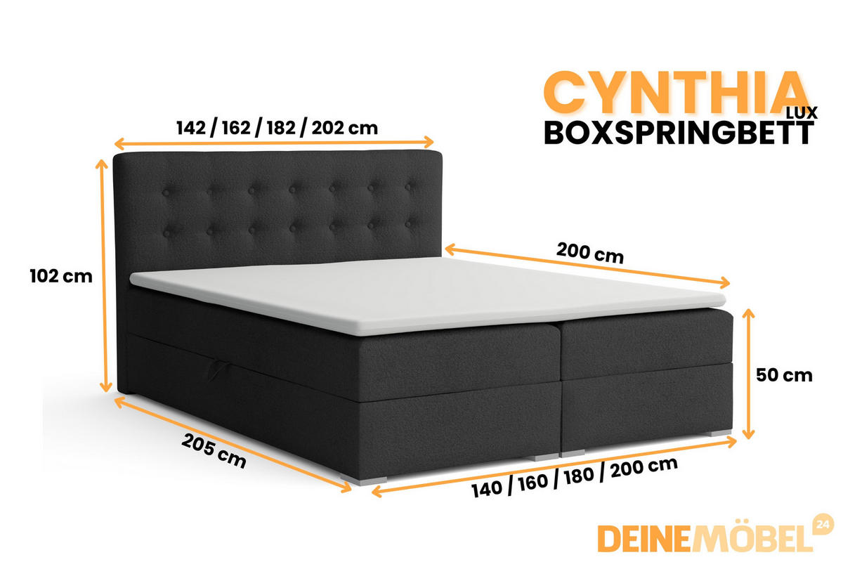 BOXBETT CYNTHIA LUX 140/200 in Boucle Schwarz H4 - Schwarz, Holzwerkstoff (140/200cm) - Deine Möbel 24