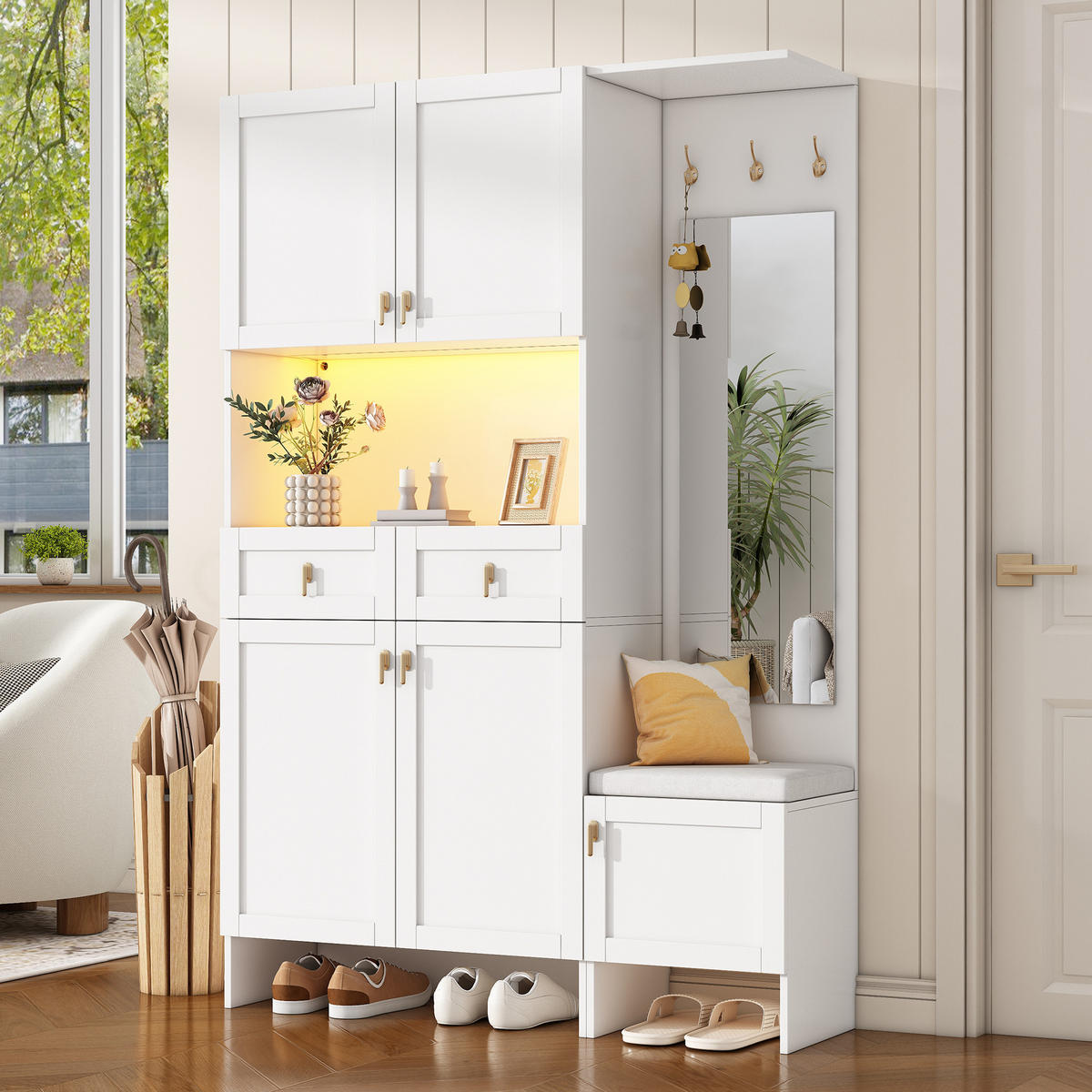 GARDEROBE-SET in Weiß Highboard mit Schuhbank Schuhschrank 3 Haken 5 Türen 2 Schubladen für Flur ,B120/T33.5/H180cm - Weiß, Holzwerkstoff (120/180/33.5cm) - STILVORA