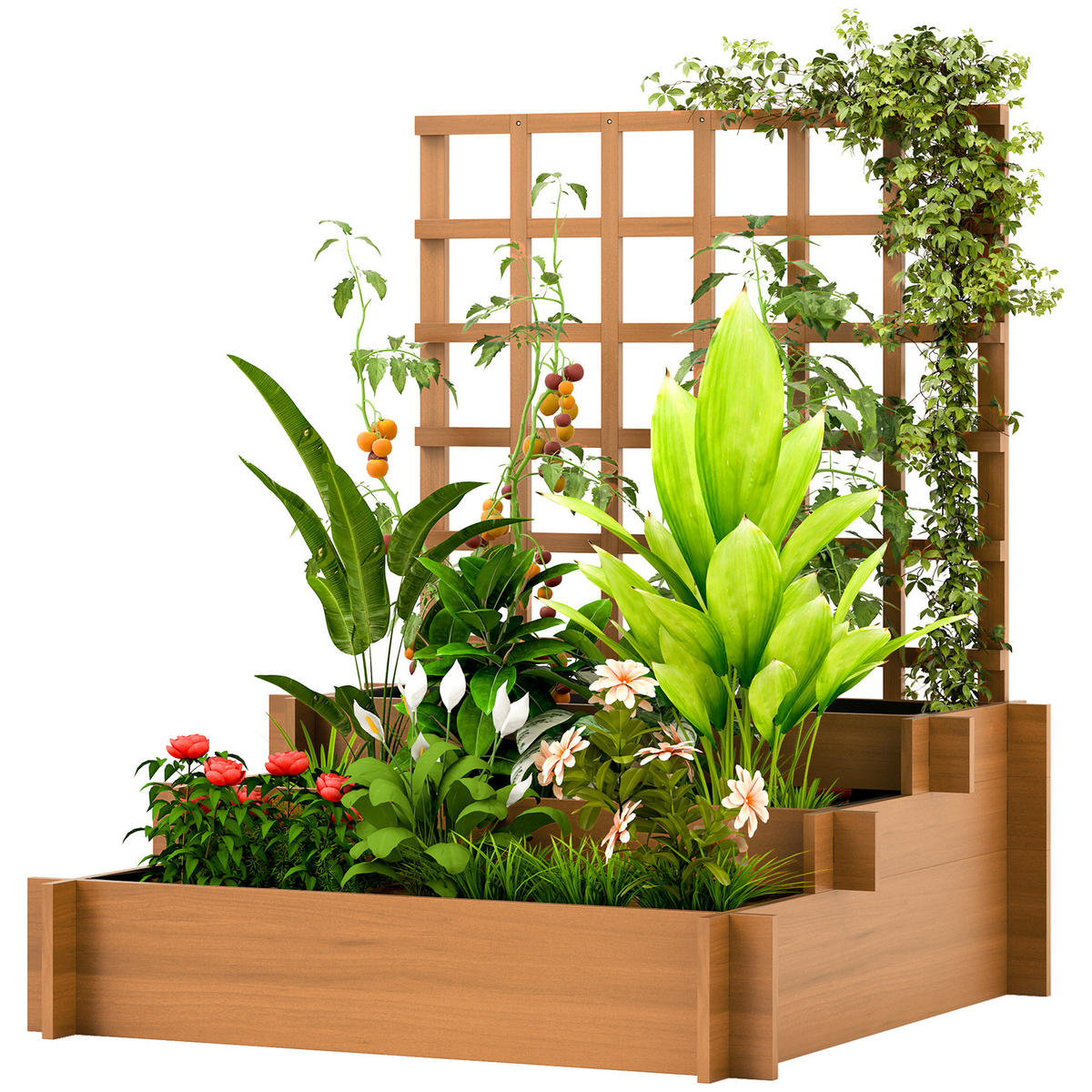 HOCHBEET DE-05366 3-stufig, mit Rankhilfe & Vlies Braun - Braun, Holz (95/110/95cm) - ComfortXL