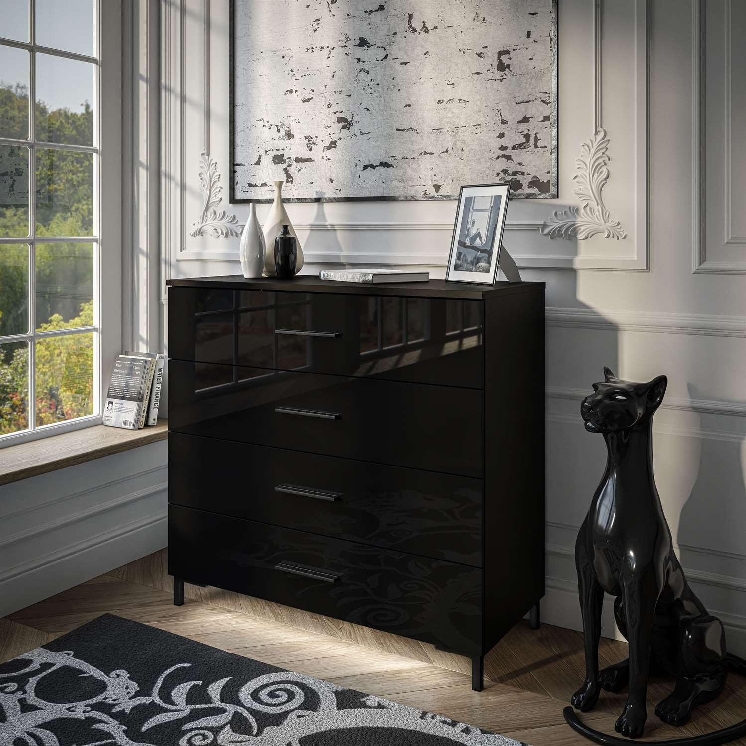 KOMMODE LINA BLACK mit Schubladen und Griffen Schwarzer Glanz - Schwarz, Holzwerkstoff (95/84/40cm) - Lookway