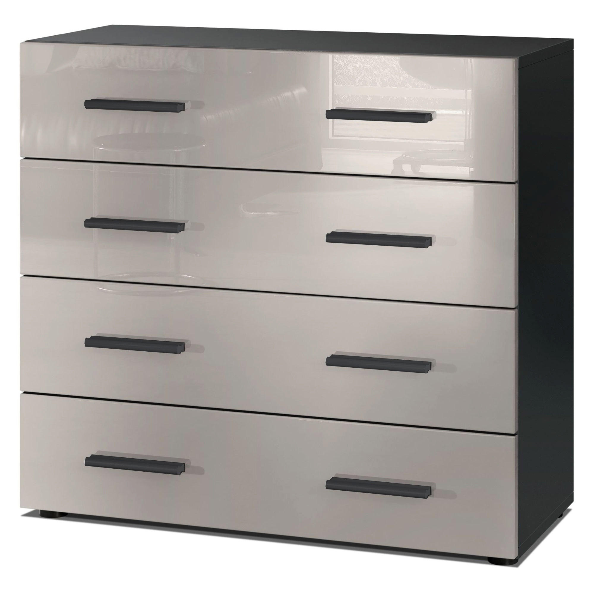 KOMMODE Den, Sideboard mit 4 Schubladen, Made in Germany, Moderner Schrank, Schwarz matt / Sandgrau Hochglanz (76 x 72 x 35 cm) - Beige, Holzwerkstoff (76/72/33cm) - InnoFurn