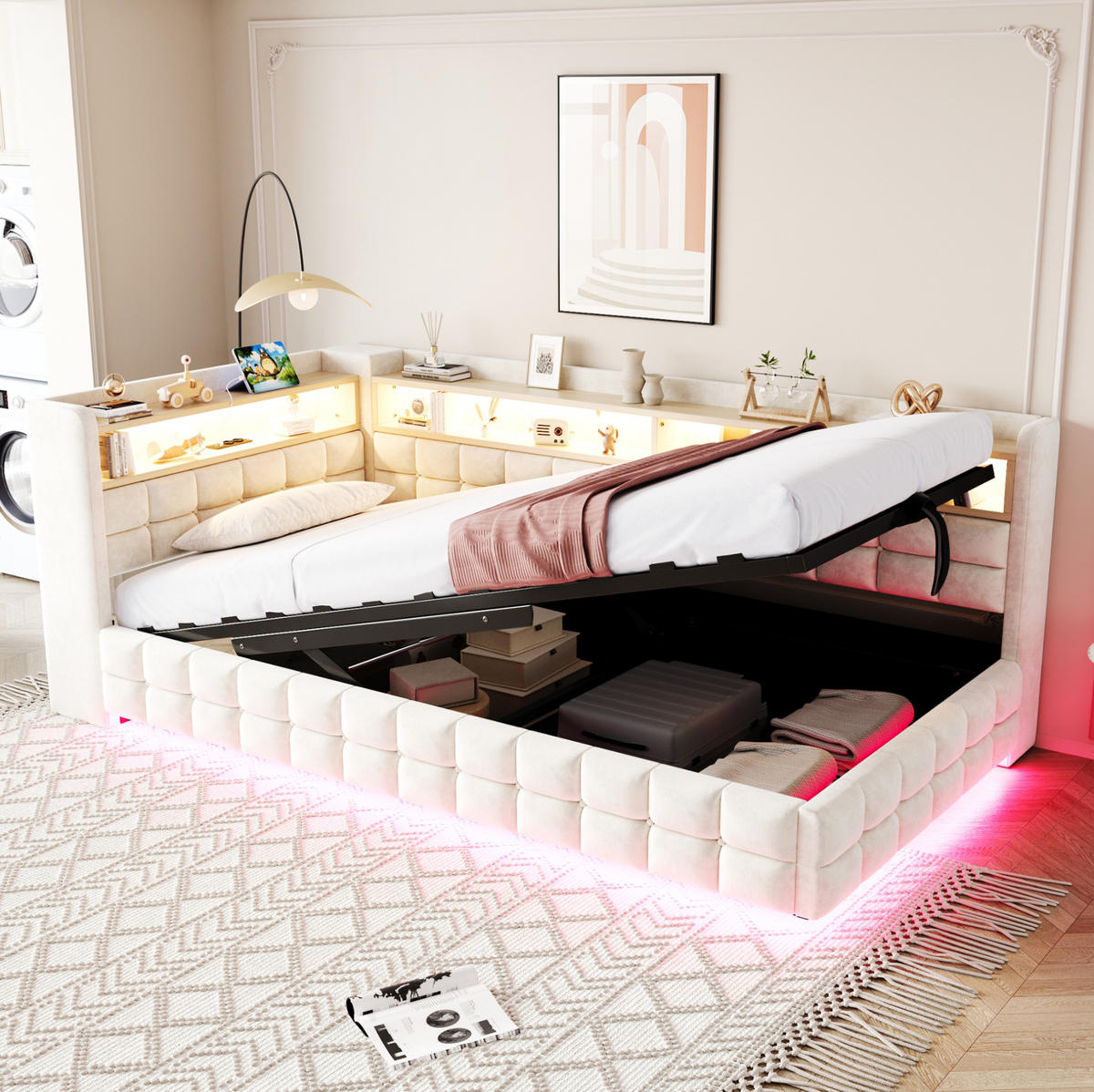 POLSTERBETT 90/200 cm in Beige mit Stauraum, LED-Beleuchtung und USB/Type-C - Beige, Textil (90/200cm) - Flora Grace
