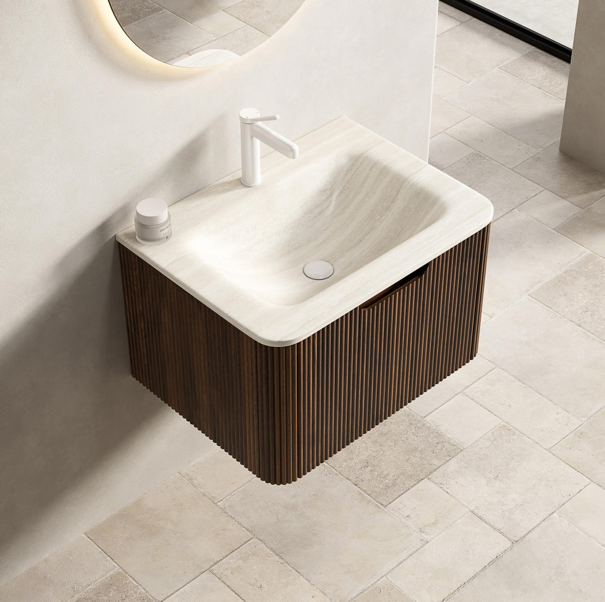 WASCHTISCHKOMBI mit gesintertem Steinbecken 60x46x37.5cm Beige & Nussbaum, LED-Soft-Close - Walnussfarben, Stein (46/37.5/60cm) - Modfu