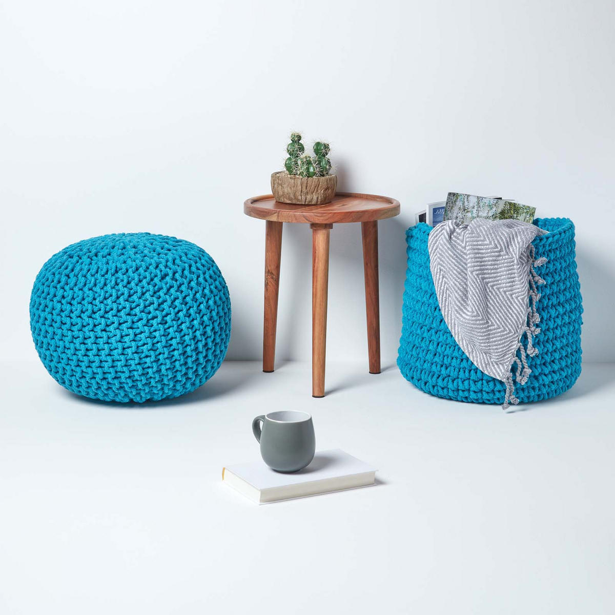 STRICK-POUF türkis, 40/40/35 cm - Türkis, Textil (40/35/40cm) - Homescapes