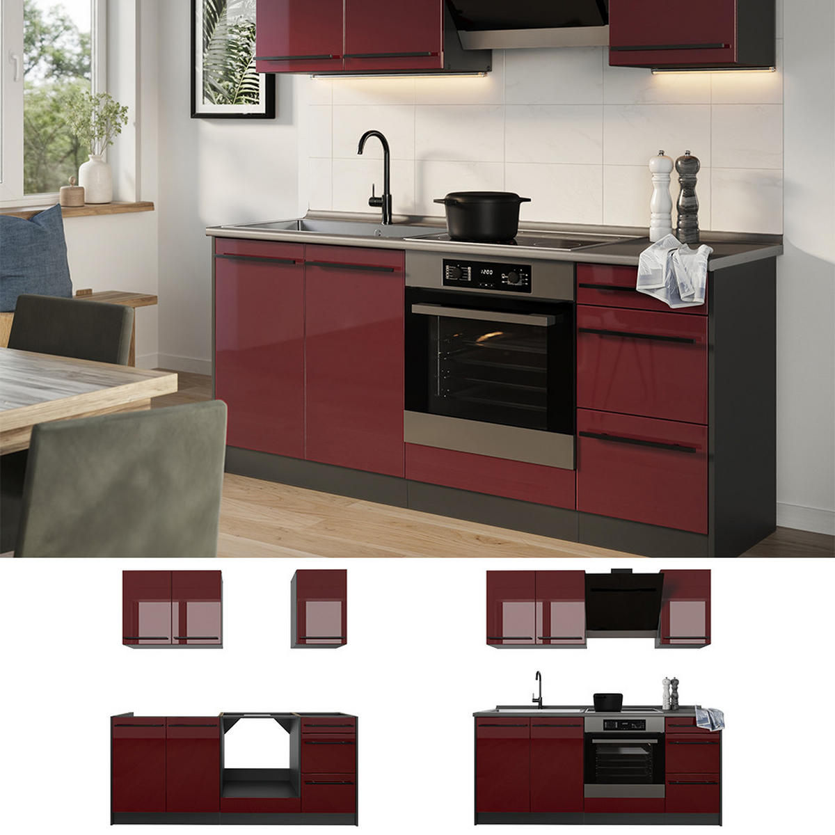 SINGLEKÜCHE R-Line, Rot Hochglanz/Anthrazit, 180 cm Arbeitsplatte Marmor - Anthrazit/Rot, Holzwerkstoff (180/206.8/60cm) - Vicco