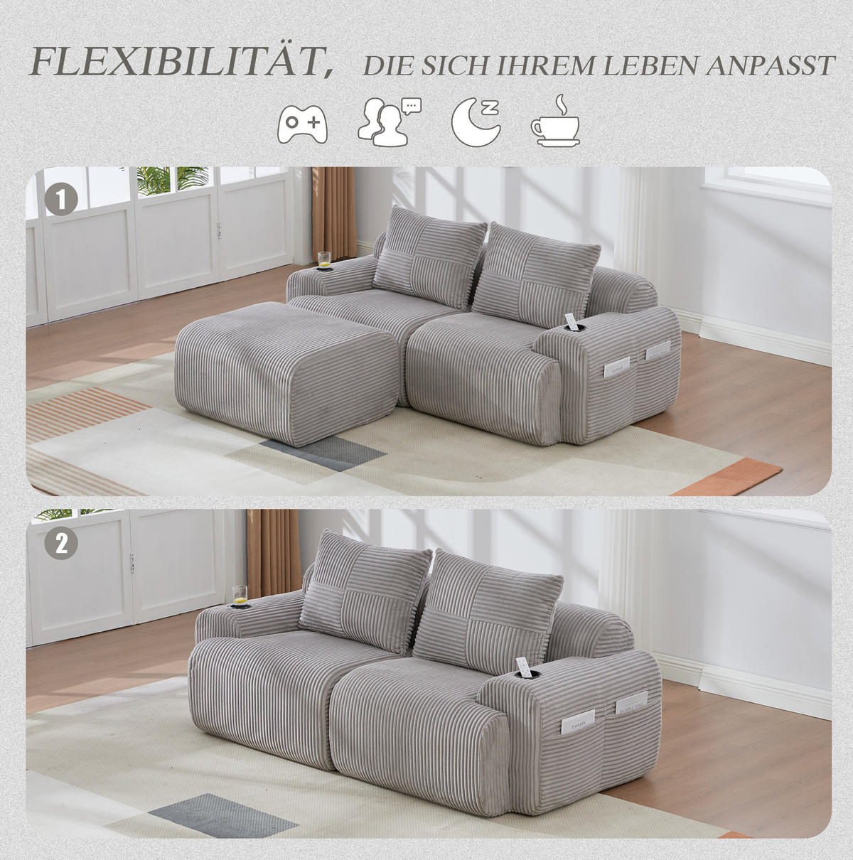 MODULARES 2-Sitzer Sofa Cordstoff mit Getränkehalter und Seitentasche 200/174/80 cm Hellgrau - Hellgrau, Textil (174/200cm) - Redom