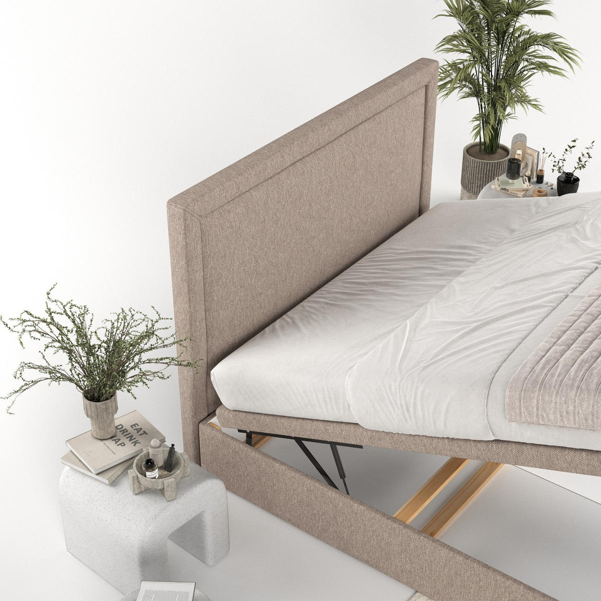 POLSTERBETT Salma mit Stauraum 120/200 cm Beige im Megan Stoff - Beige/Schwarz, Holz/Holzwerkstoff (120/200cm) - AltaBeds