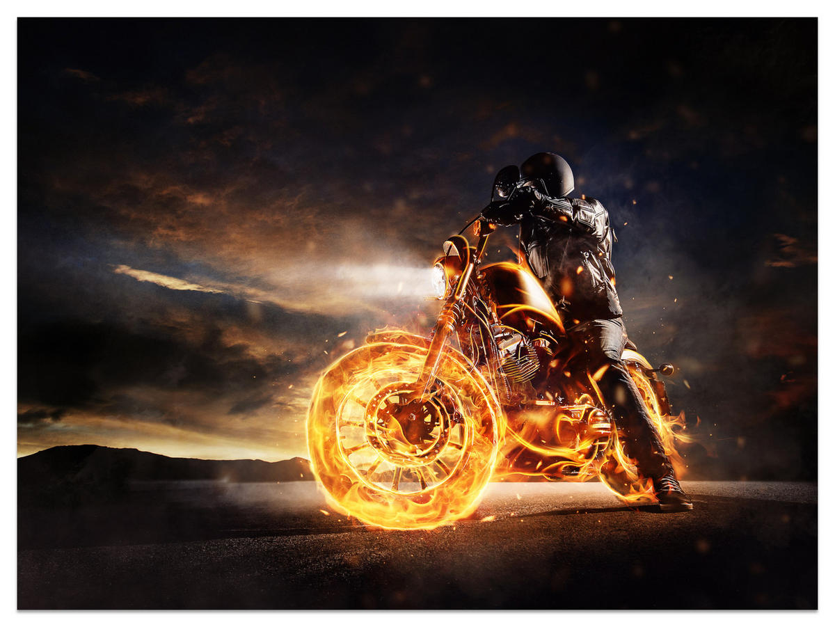 FOTOTAPETE für Jugendzimmer Mann Brennenden Motorrad Sport Nacht 500x350 - Schwarz/Orange, Papier (500/350cm) - Muralo
