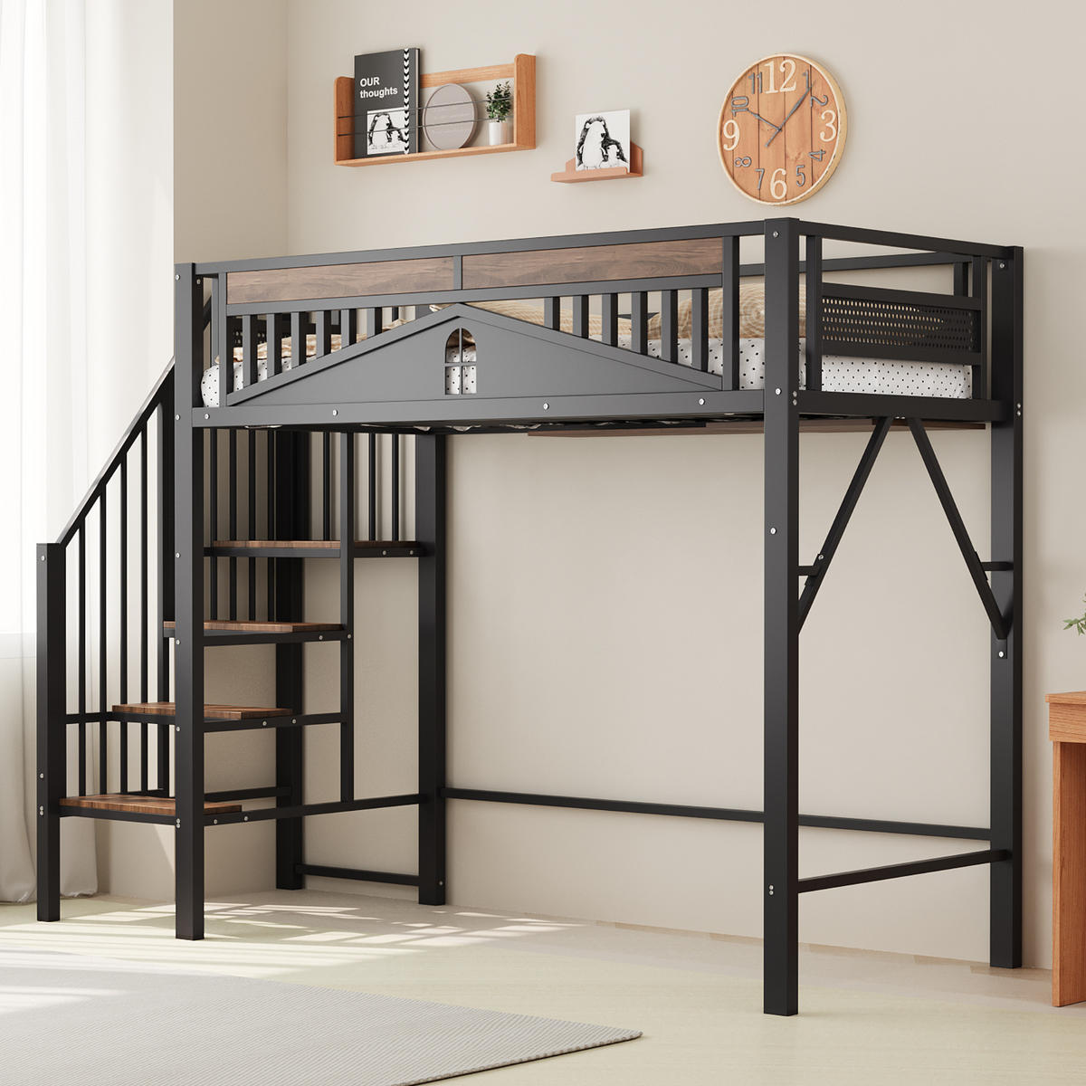 HOCHBETT 90/200 cm in Schwarz mit Stauraum und Fensterdesign - Schwarz, Holz/Metall (90/200cm) - STILVORA