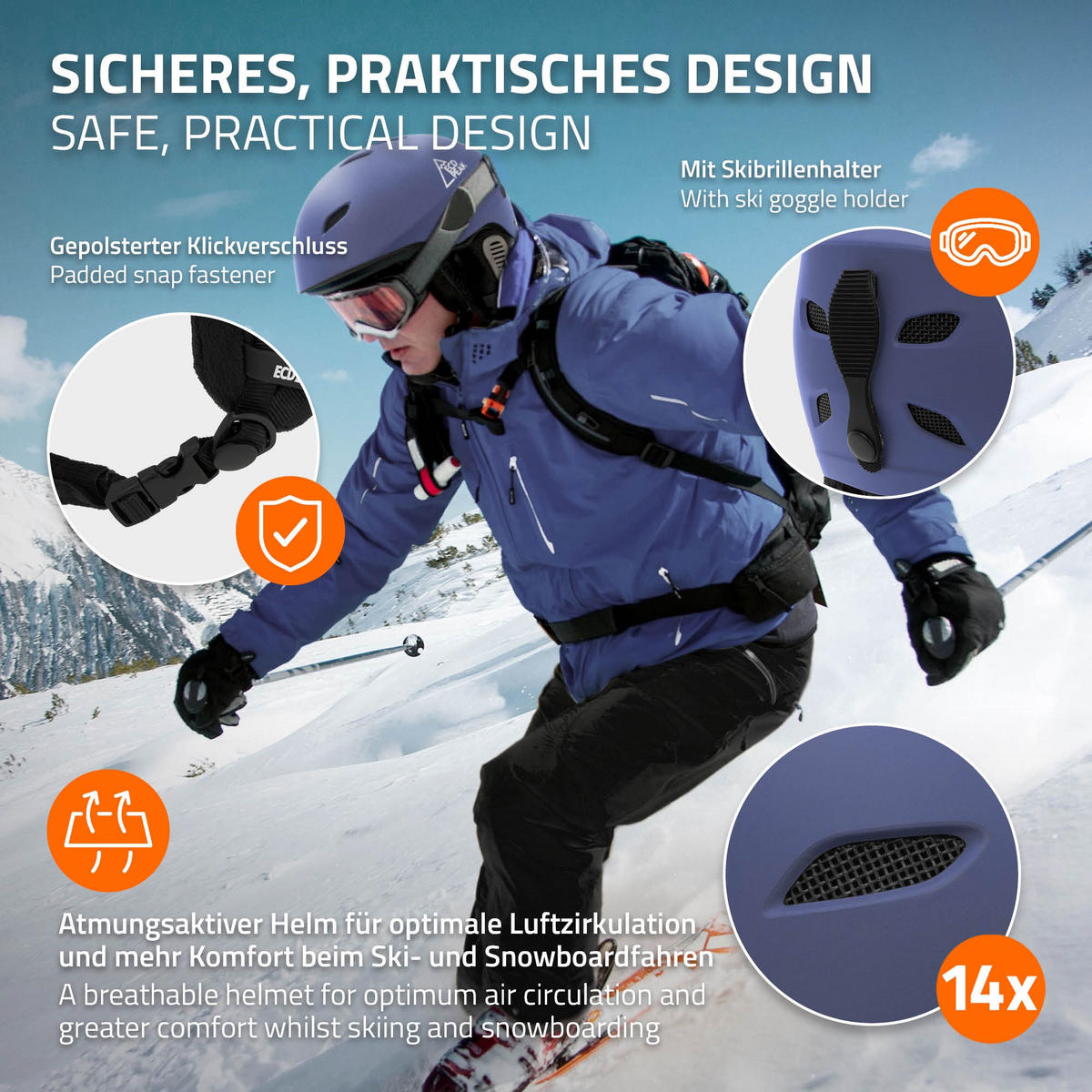 LYŽAŘSKÁ PŘILBA pro muže a ženy, robustní snowboardová přilba, modrá, velikost M, 55–58 cm - modrá, plast (29/23cm) - ECD-Germany