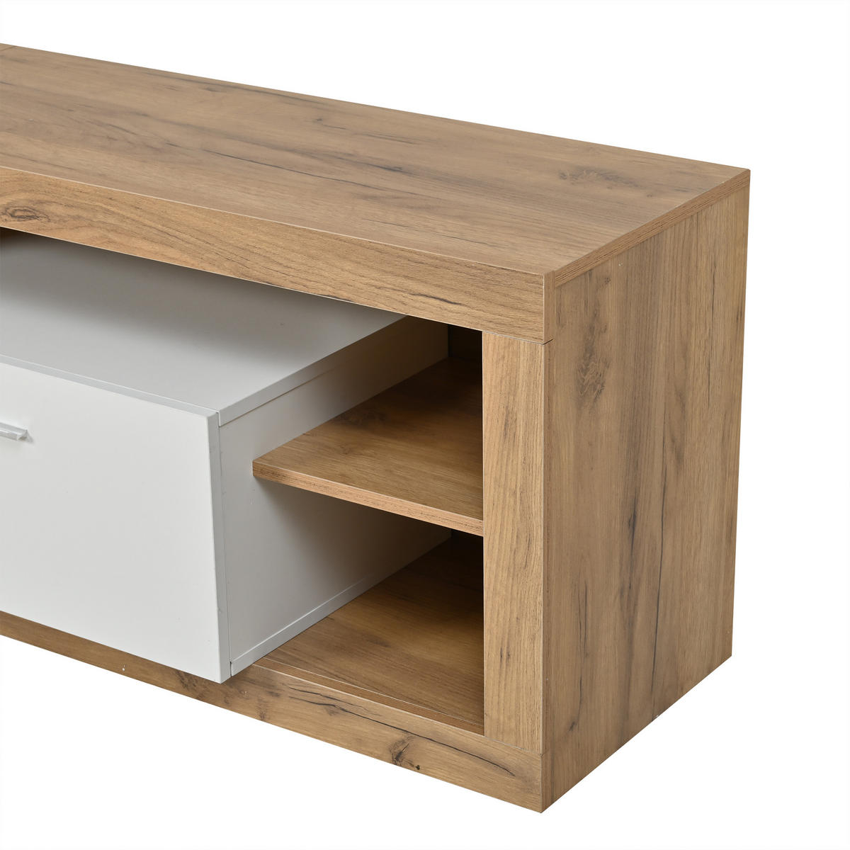 LOWBOARD Natur/Weiß 180/35,5/50 cm, LED-Beleuchtung, 2 Schubladen, 4 offene Fächer - Naturfarben, Holzwerkstoff (180/50/35.5cm) - PANGIVO