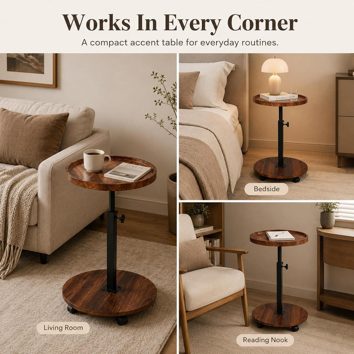 BEISTELLTISCH rund höhenverstellbar mit Rollen Nussbaum Finish - Braun, Holzwerkstoff (40/40/45cm)