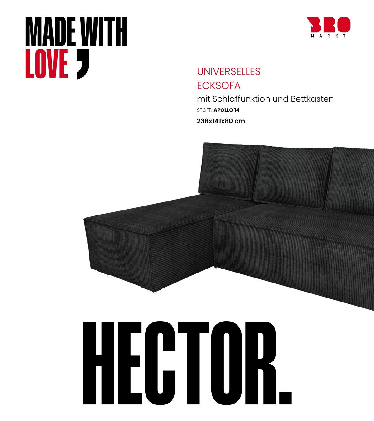 ECKSOFA Hector mit Schlaffunktion Schwarz Cord - Schwarz, Textil (200/141cm) - Bromarkt