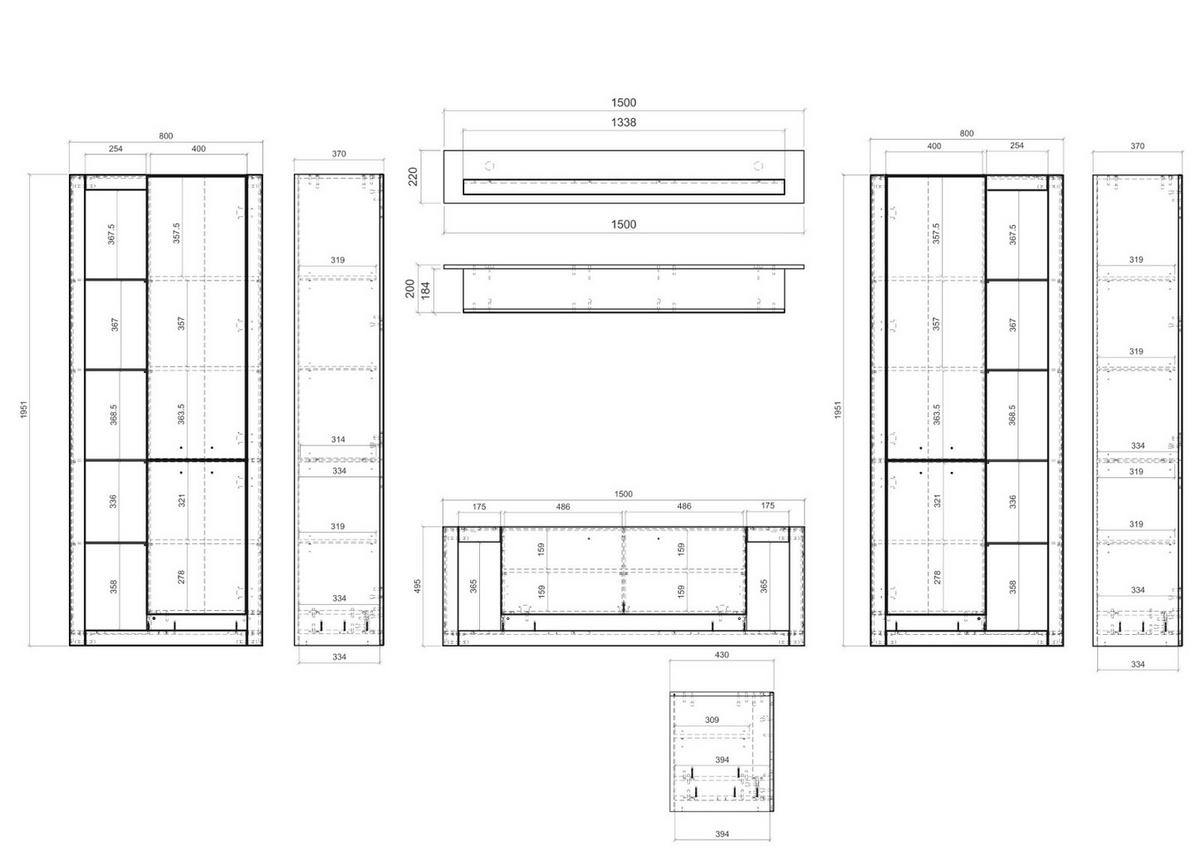 WOHNWAND weiß matt, Evoke Eiche, Wohnkombination Set 4-teilig 350 cm - Eichefarben/Silberfarben, Glas/Holzwerkstoff (350/195/43cm) - Furn.Design