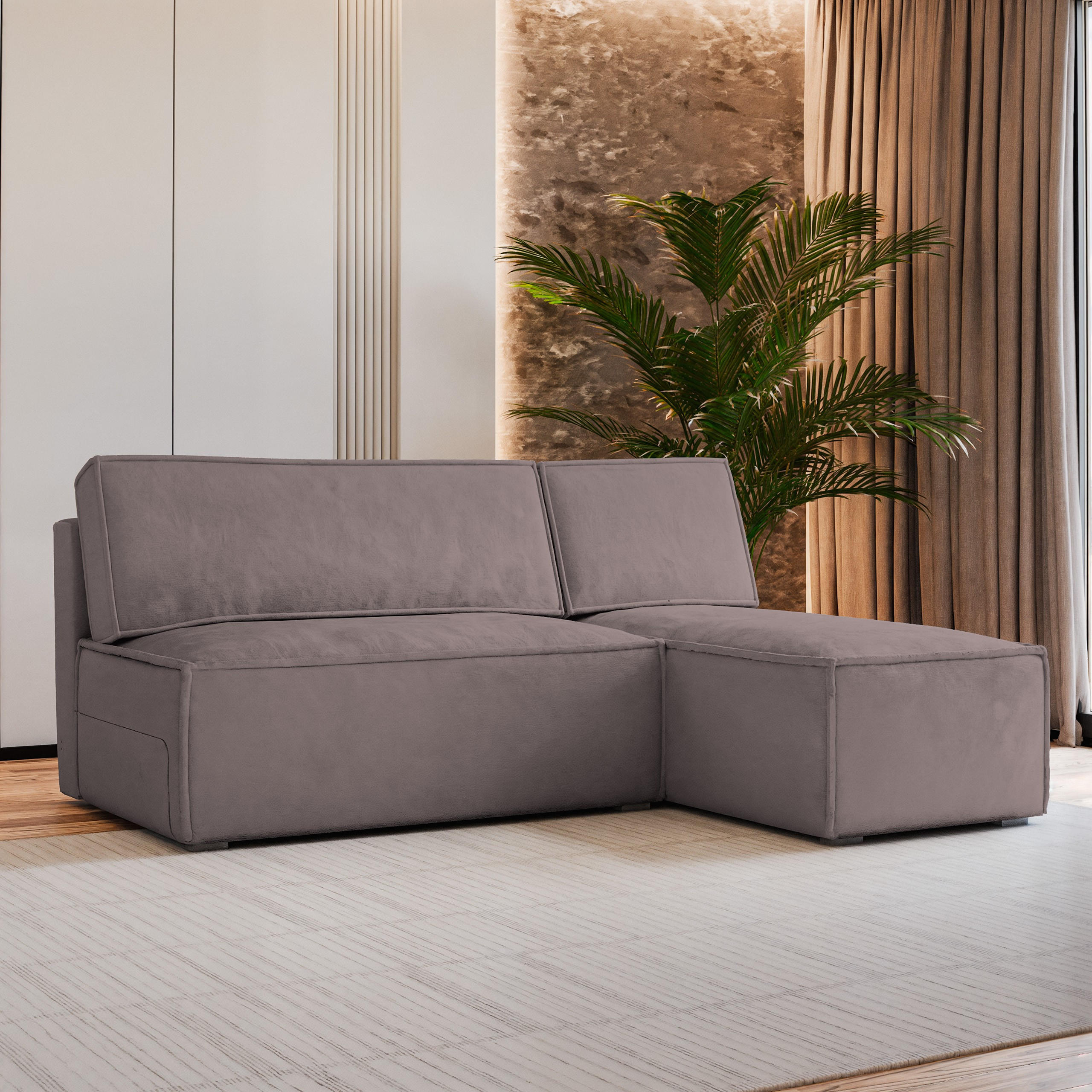 ECKSOFA BRISO M Lila Velours-Stoff mit Schlaffunktion - Lila, Holz (200/140cm) - MASSENO