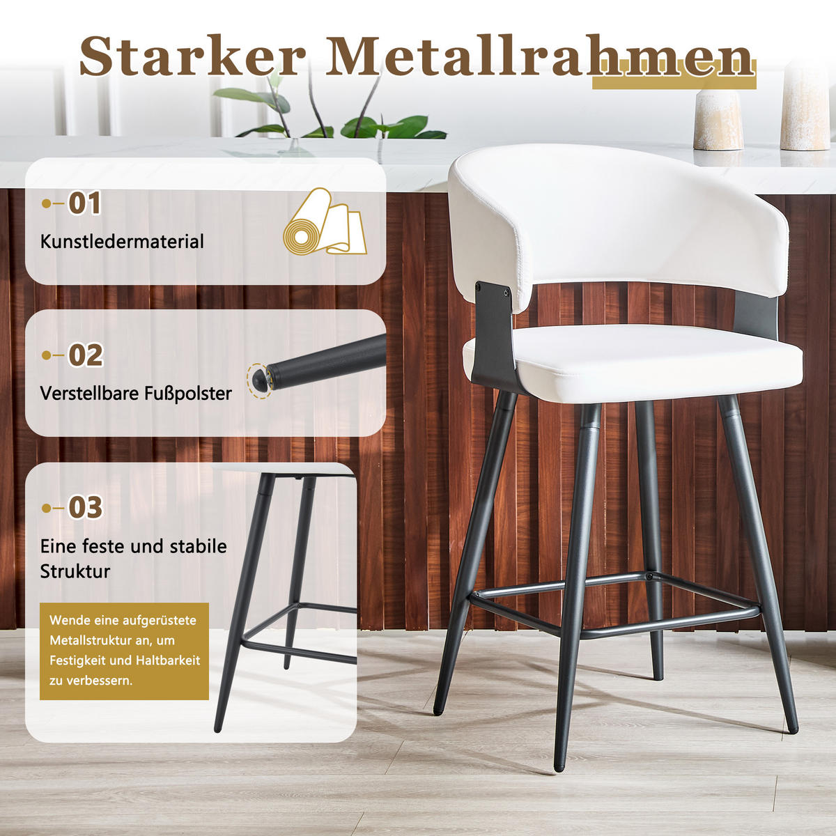 BARHOCKER DE-36675 2er-Set mit Kunstlederbezug und Metallgestell Schwarz - Weiß, Metall (47/94.5/46cm) - ComfortXL