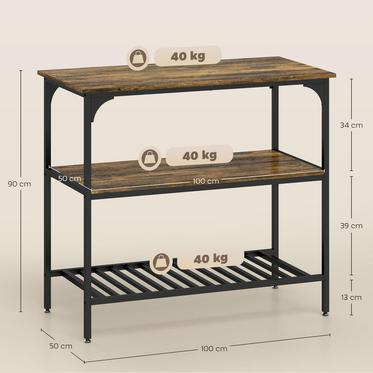 KÜCHENREGAL Spanplatte Stahl Rustikal-Braun - Braun, Holzwerkstoff (50/90/100cm) - HOMCOM