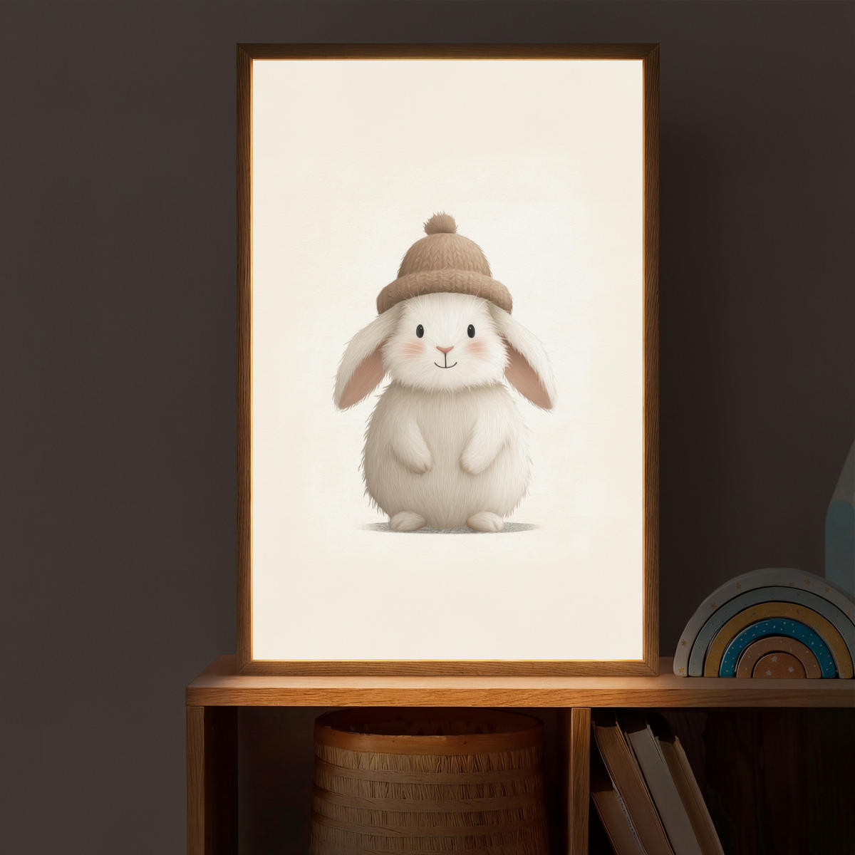 NÁSTĚNNÁ LAMPA S AKUMULÁTOREM Králík - Klobouk - Uši - béžový 40x60 cm - krémová, kompozitní dřevo (40/60/8cm) - OnlyWow