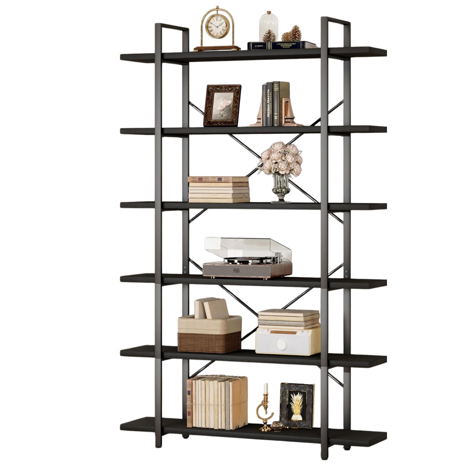STANDREGAL Industrial Holzoptik Metall 6 Fächer 120 x 32 x 215,5 cm - Schwarz, Holzwerkstoff/Metall (122/215.5/32cm) - Quality Elegance
