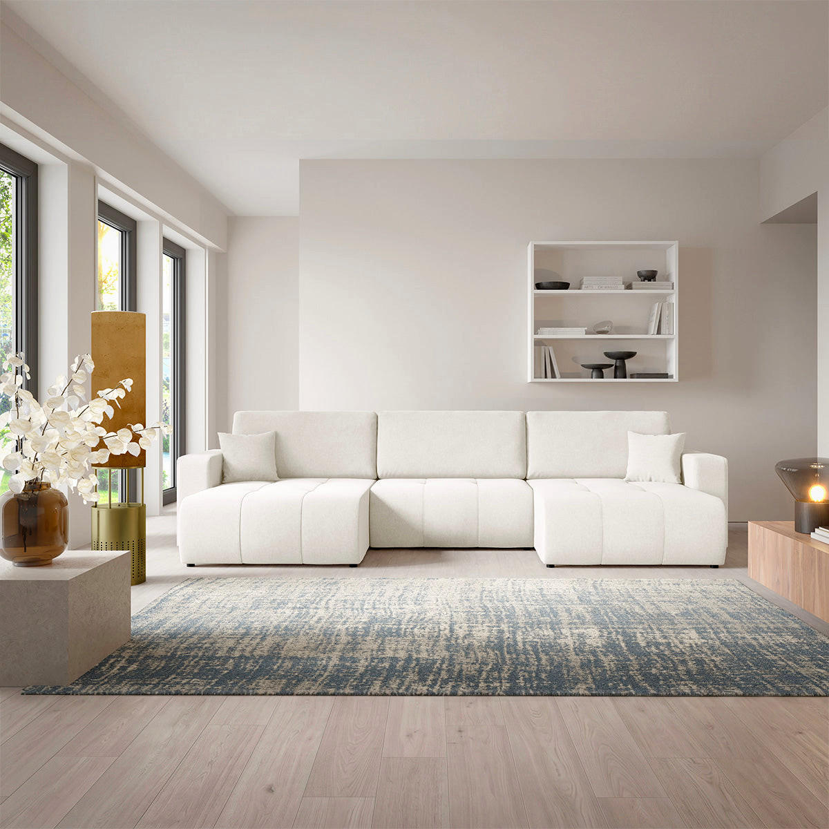 PANORAMASOFA Giulia 5 Sitzplätze Cremefarben - Weiß, Holz (344/82/149cm) - Petits-meubles